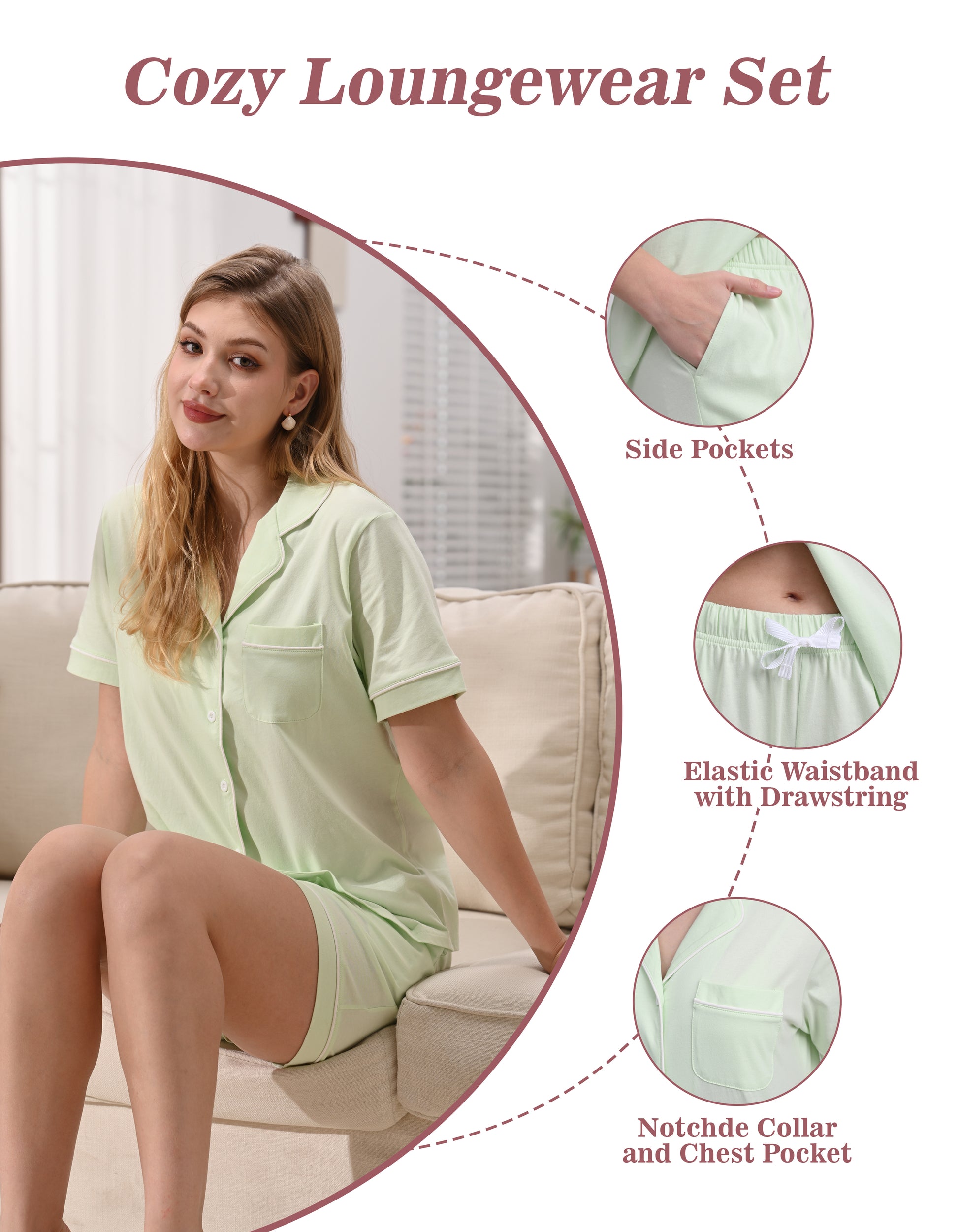 Design details of sage green pajamas including notched collar, chest pocket, and drawstring waist