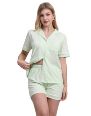 Sage green women’s knit cotton pajama set front view on white background