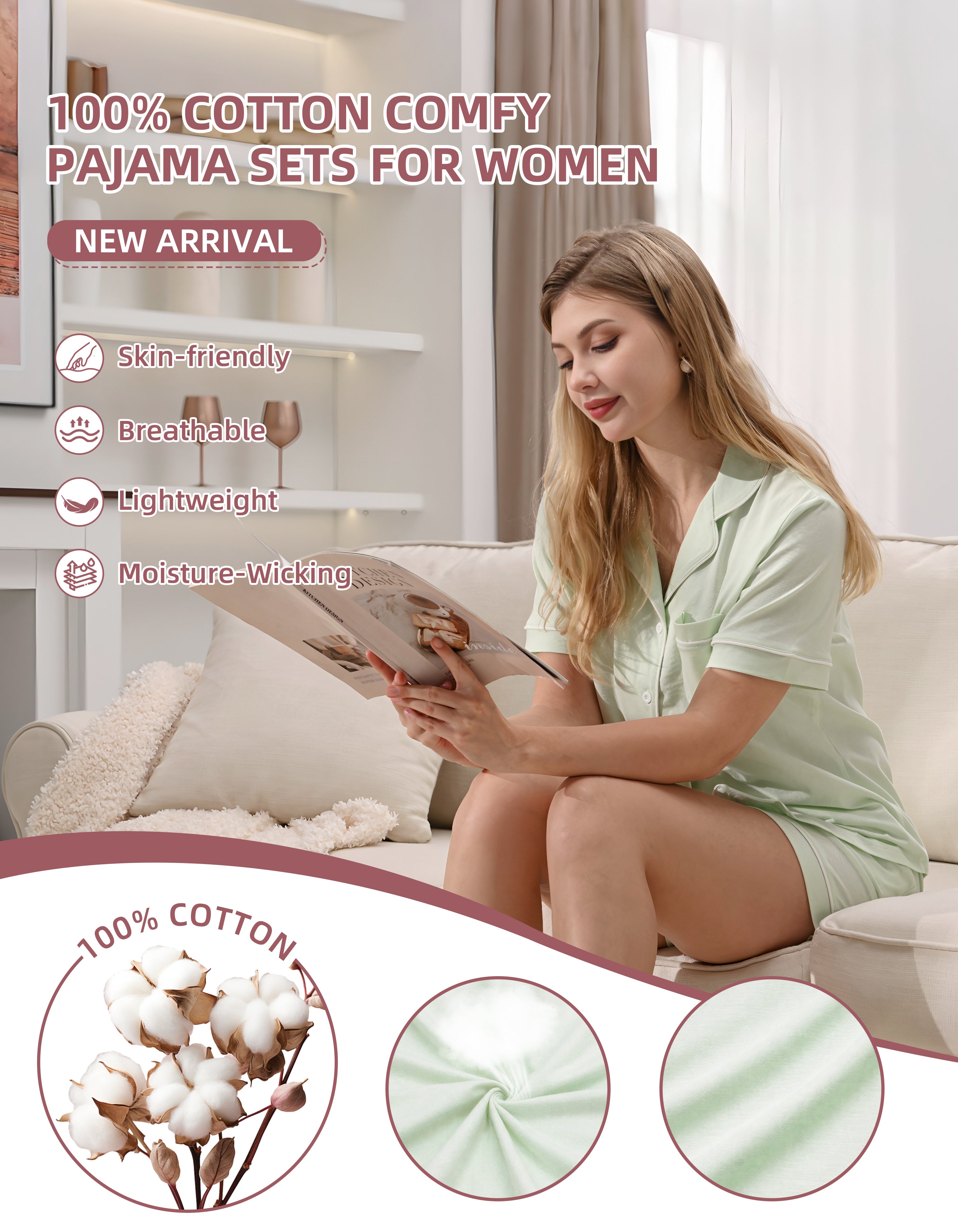 Close-up of sage green knit cotton pajama fabric showing softness and breathability