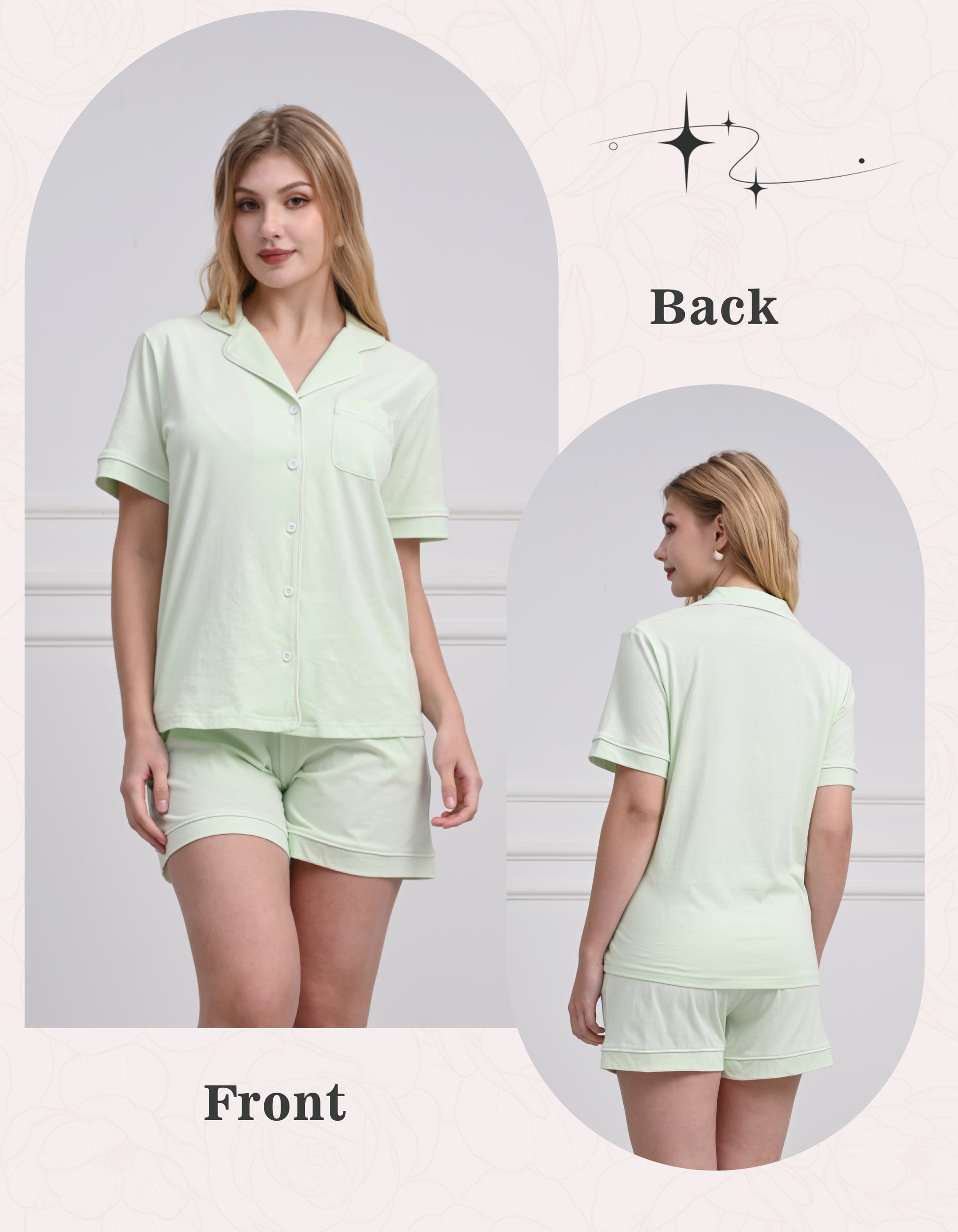 Front and back view comparison of sage green women’s knit cotton pajama set