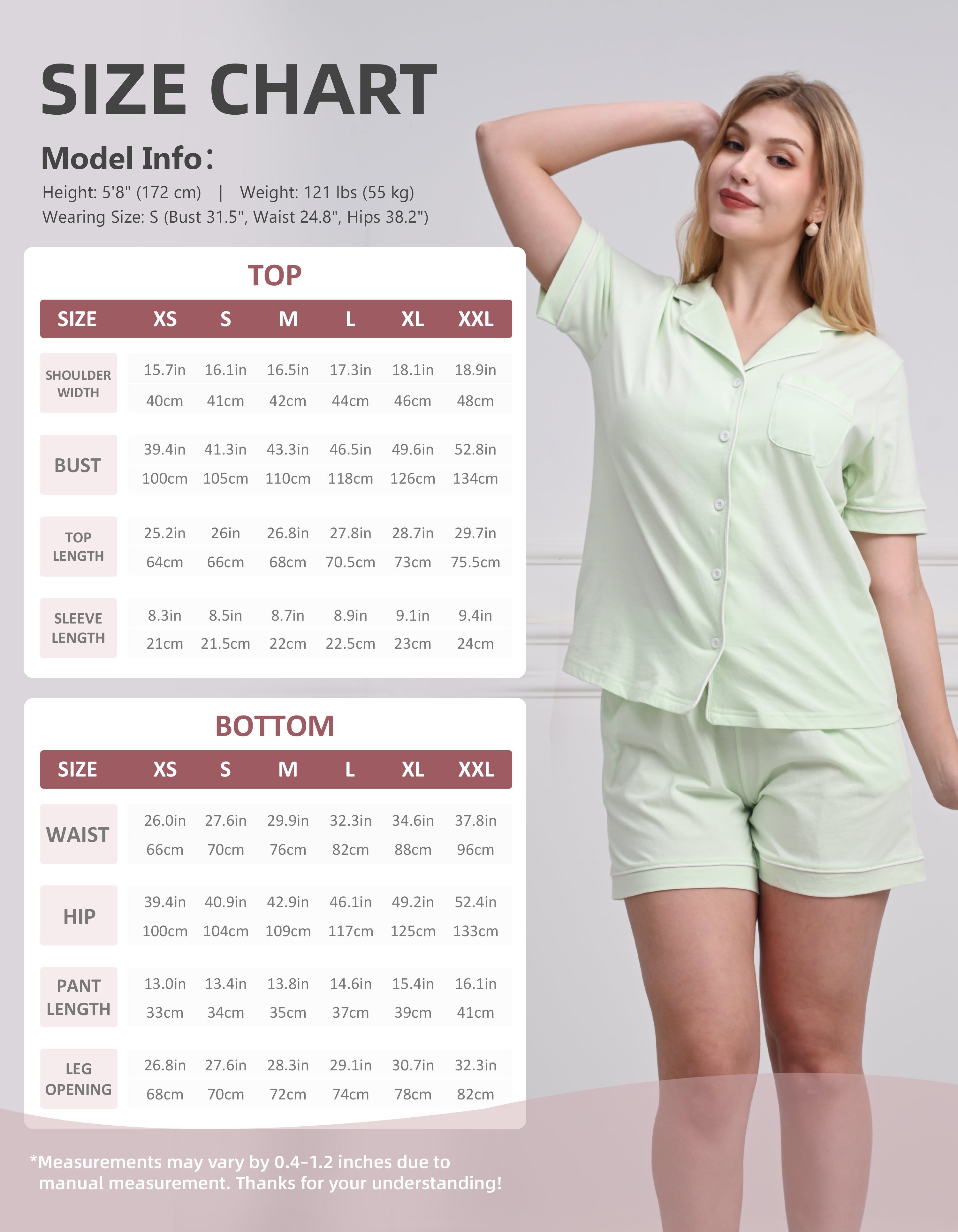 Size chart for women’s sage green knit cotton pajama set top and shorts