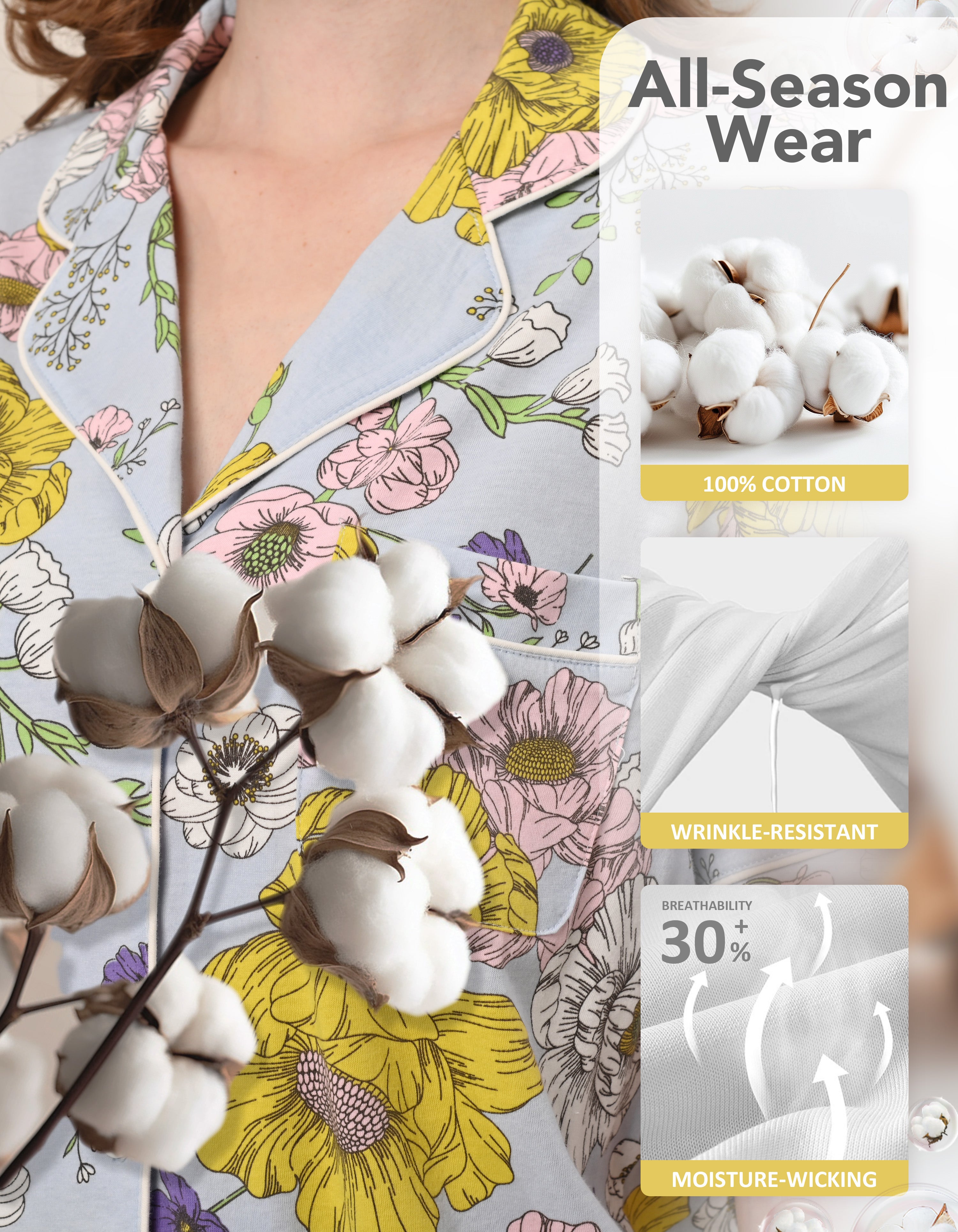 Close-up of yellow chrysanthemum floral print knit cotton pajama fabric showing softness and breathability