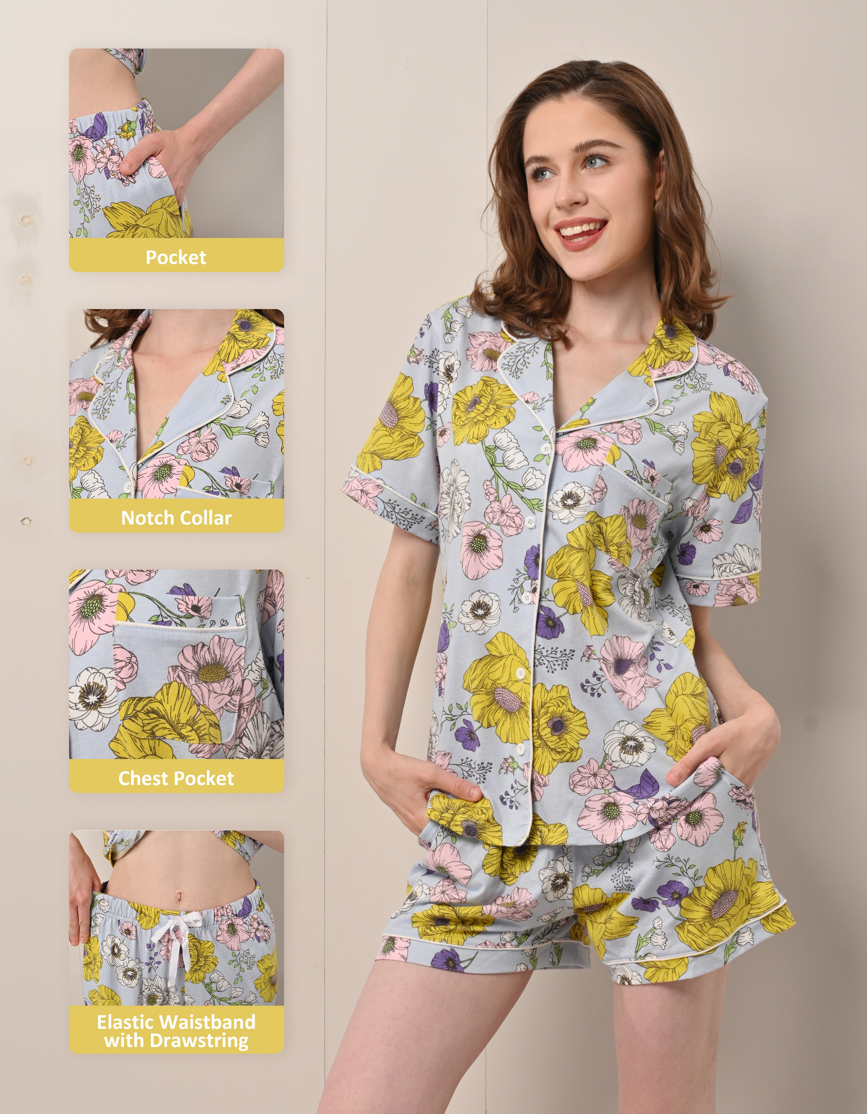 Design details of yellow chrysanthemum floral print pajamas including notch collar, chest pocket, and drawstring waistband