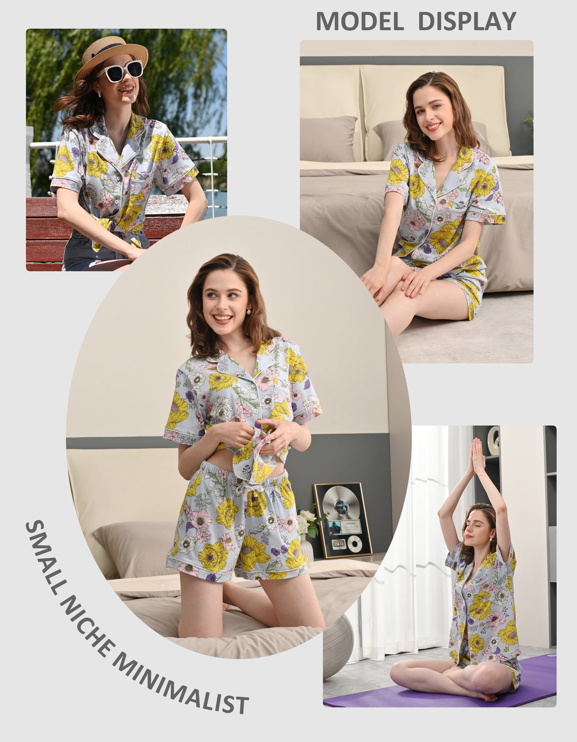 Model wearing yellow chrysanthemum floral print knit cotton pajamas in cozy home and living room scenes
