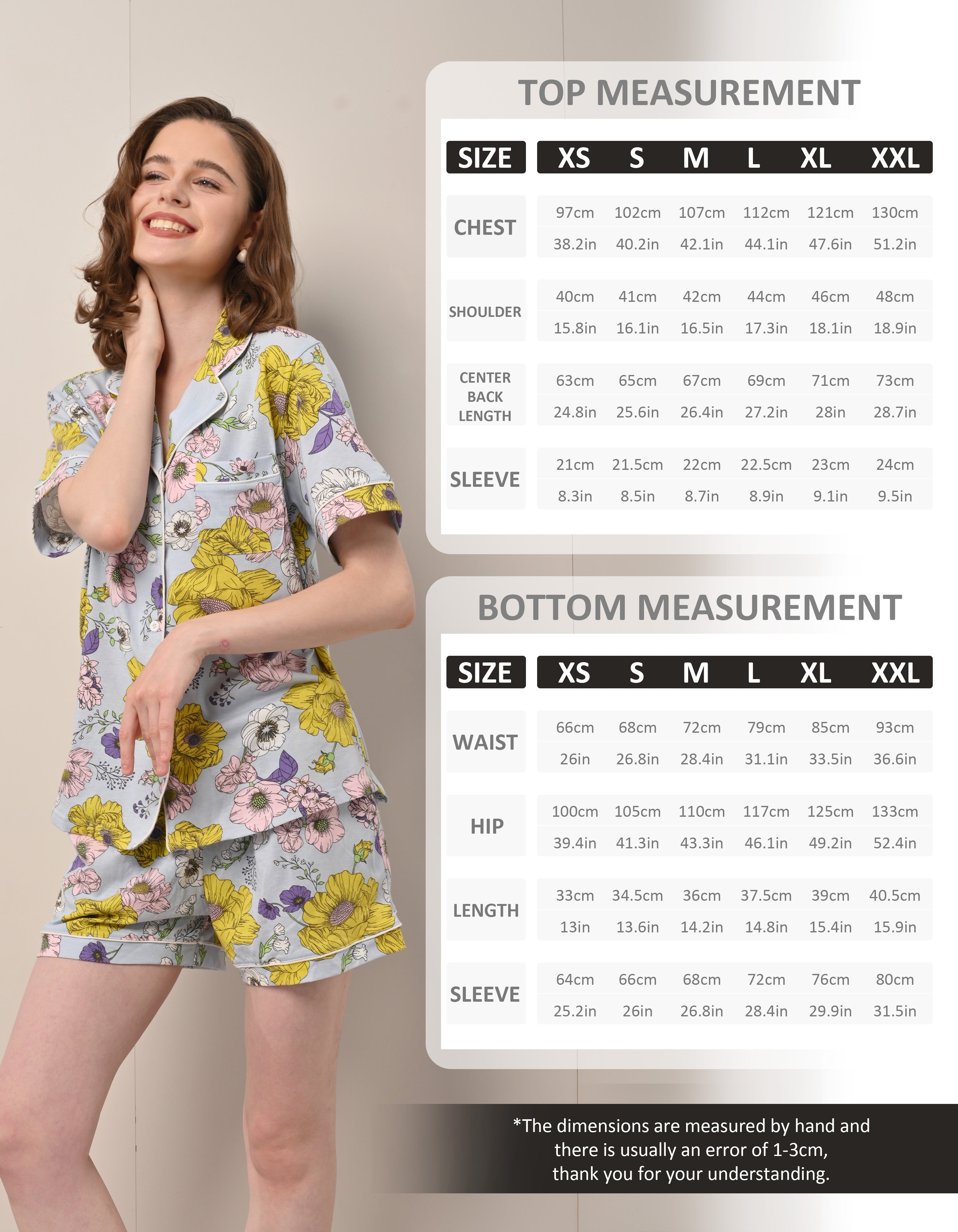 Size chart for women’s yellow chrysanthemum floral print knit cotton pajama set top and shorts