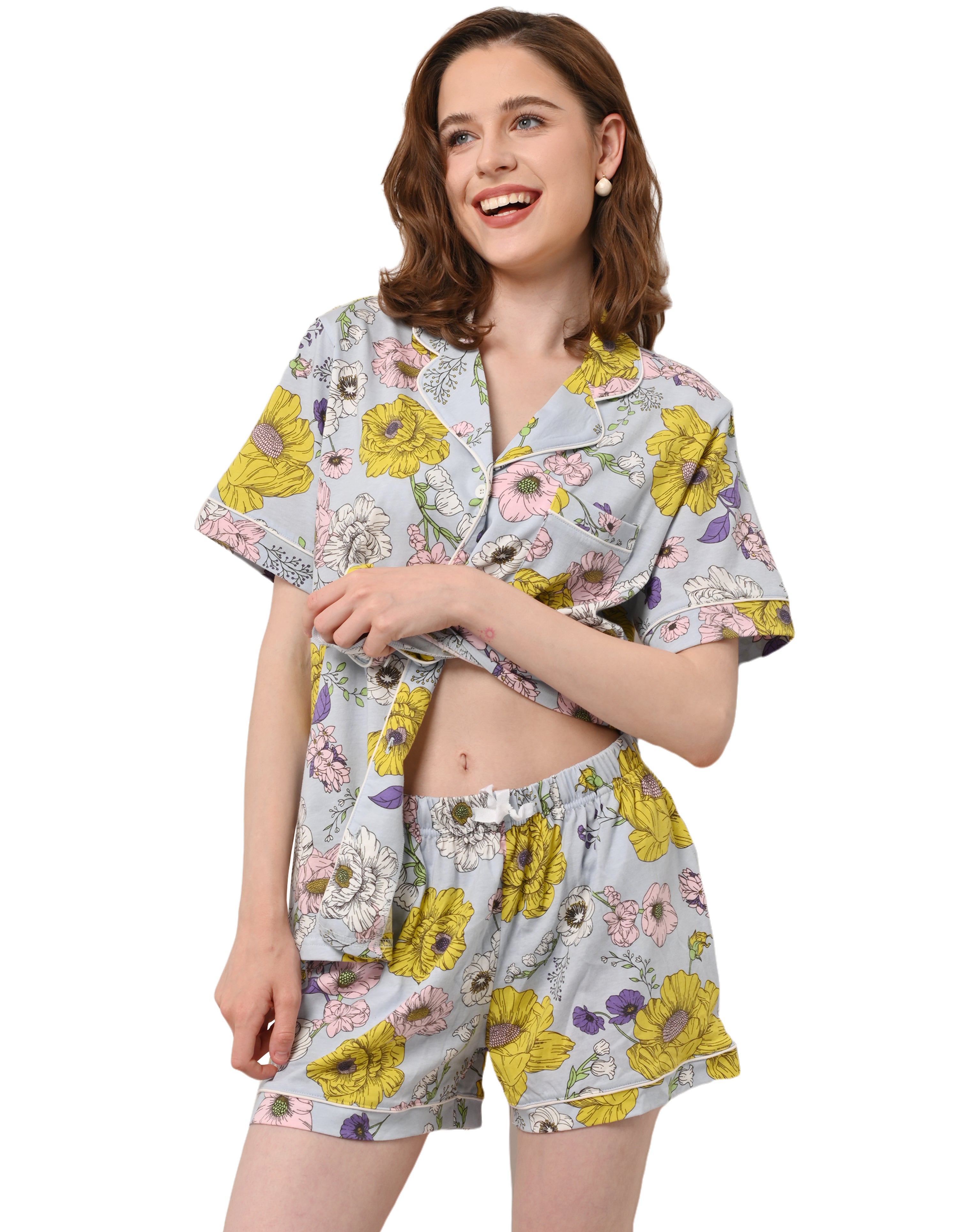 Yellow chrysanthemum floral print women’s knit cotton pajama set with short sleeve top and shorts on white background