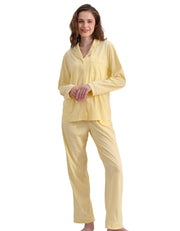 Yellow knit cotton women’s pajama set front view on white background