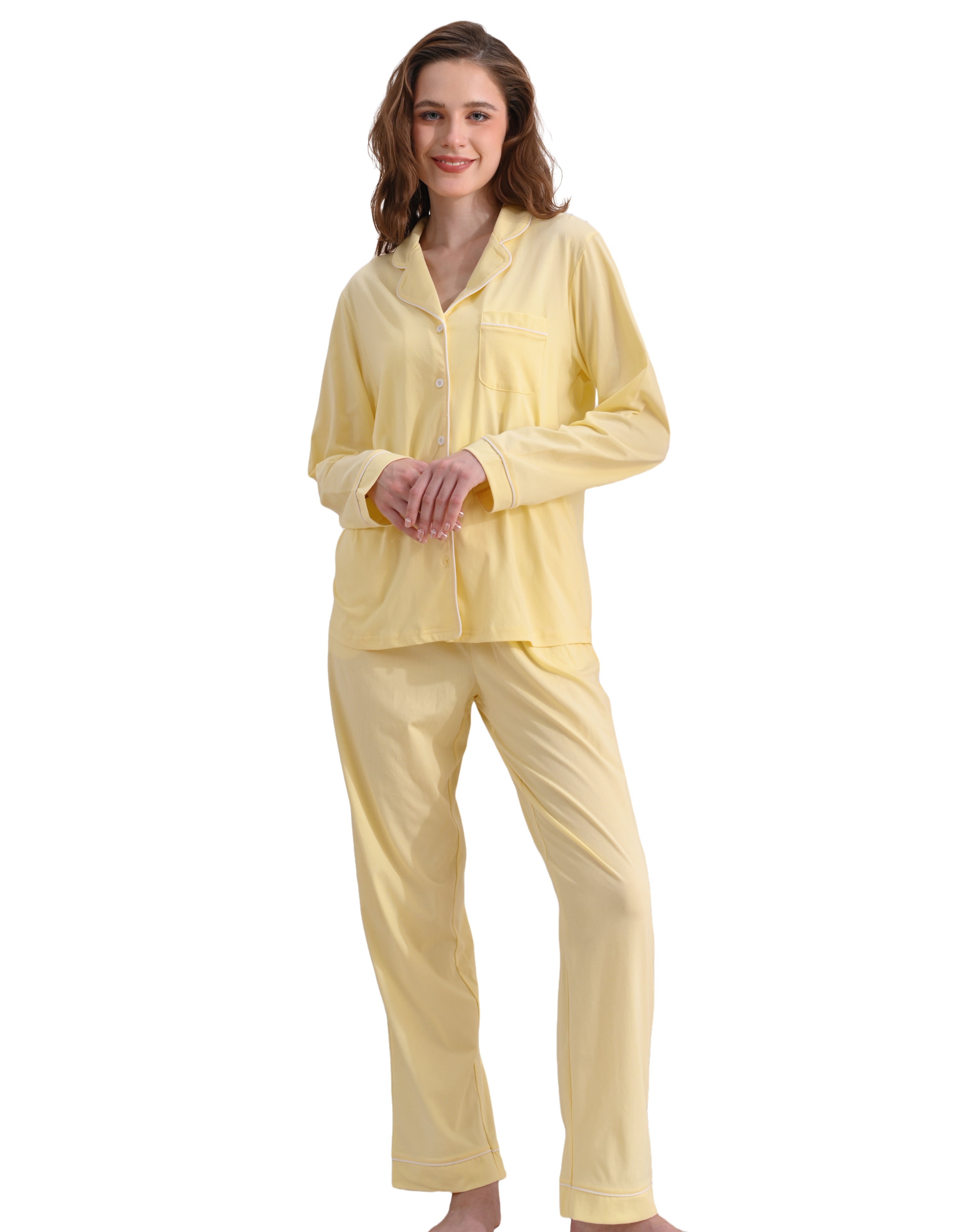 Yellow knit cotton women’s pajama set front view on white background