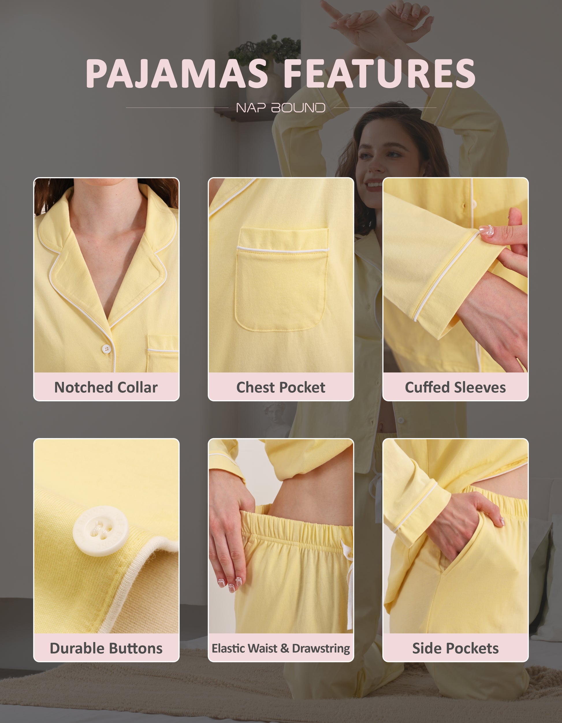 Design details of yellow knit cotton pajamas including notched collar, chest pocket, cuffs, and drawstring waistband