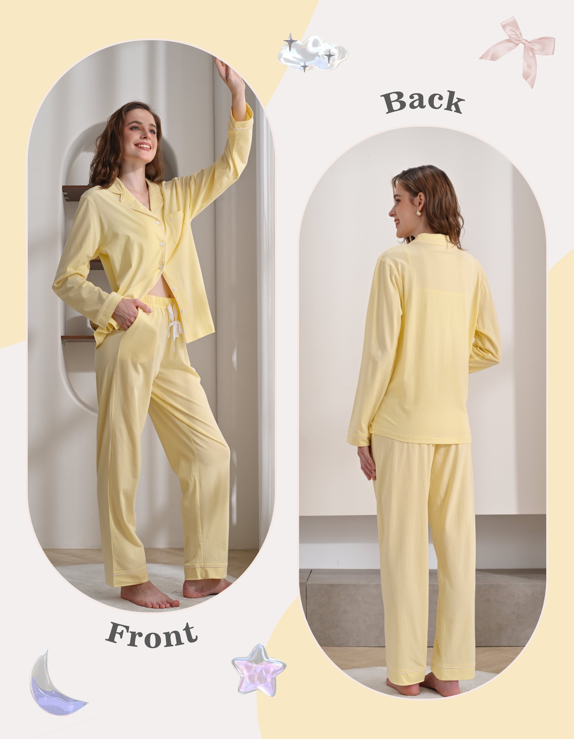 Front and back view comparison of yellow women’s knit cotton pajama set