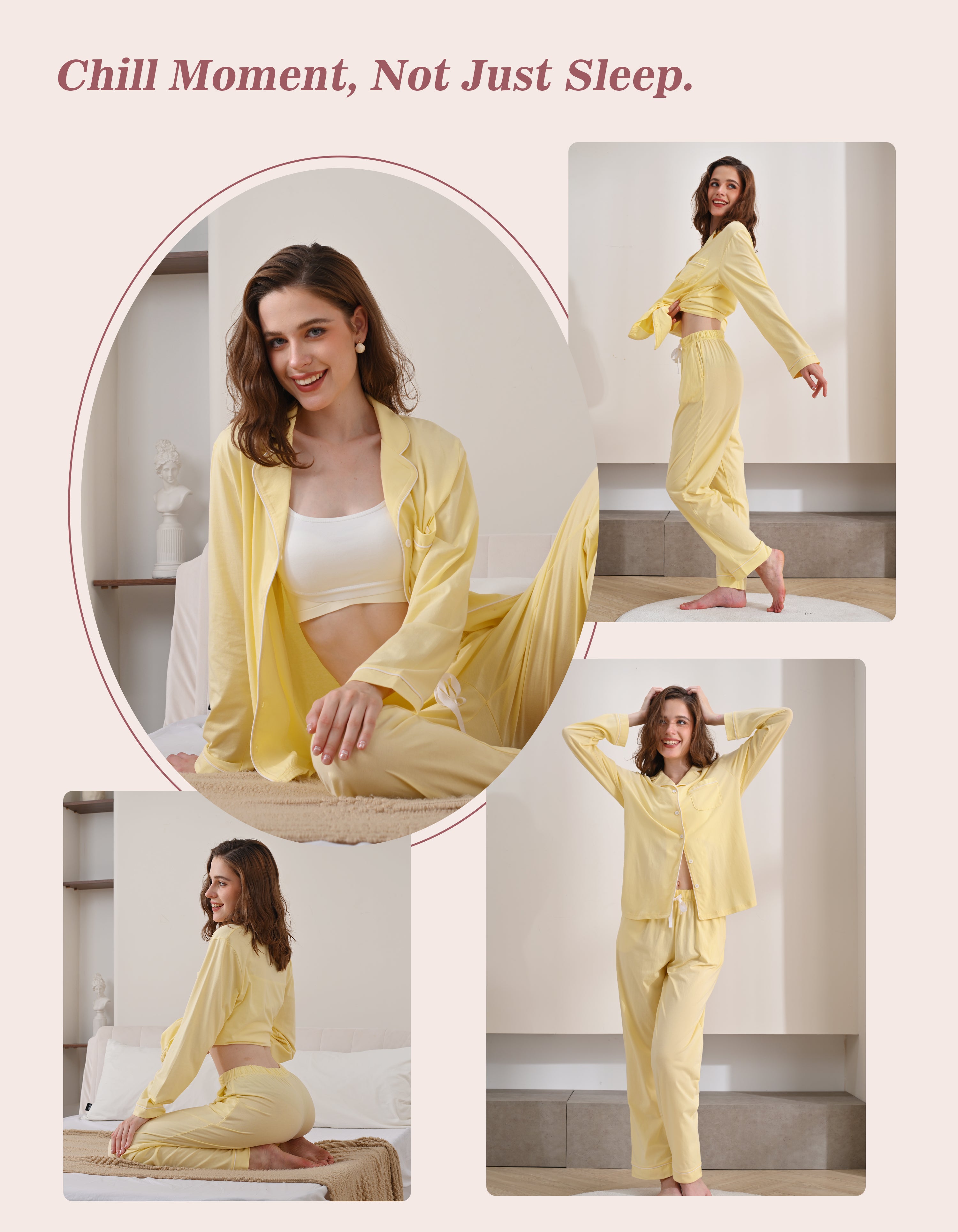 Model wearing yellow knit cotton pajamas in cozy home and bedroom scenes
