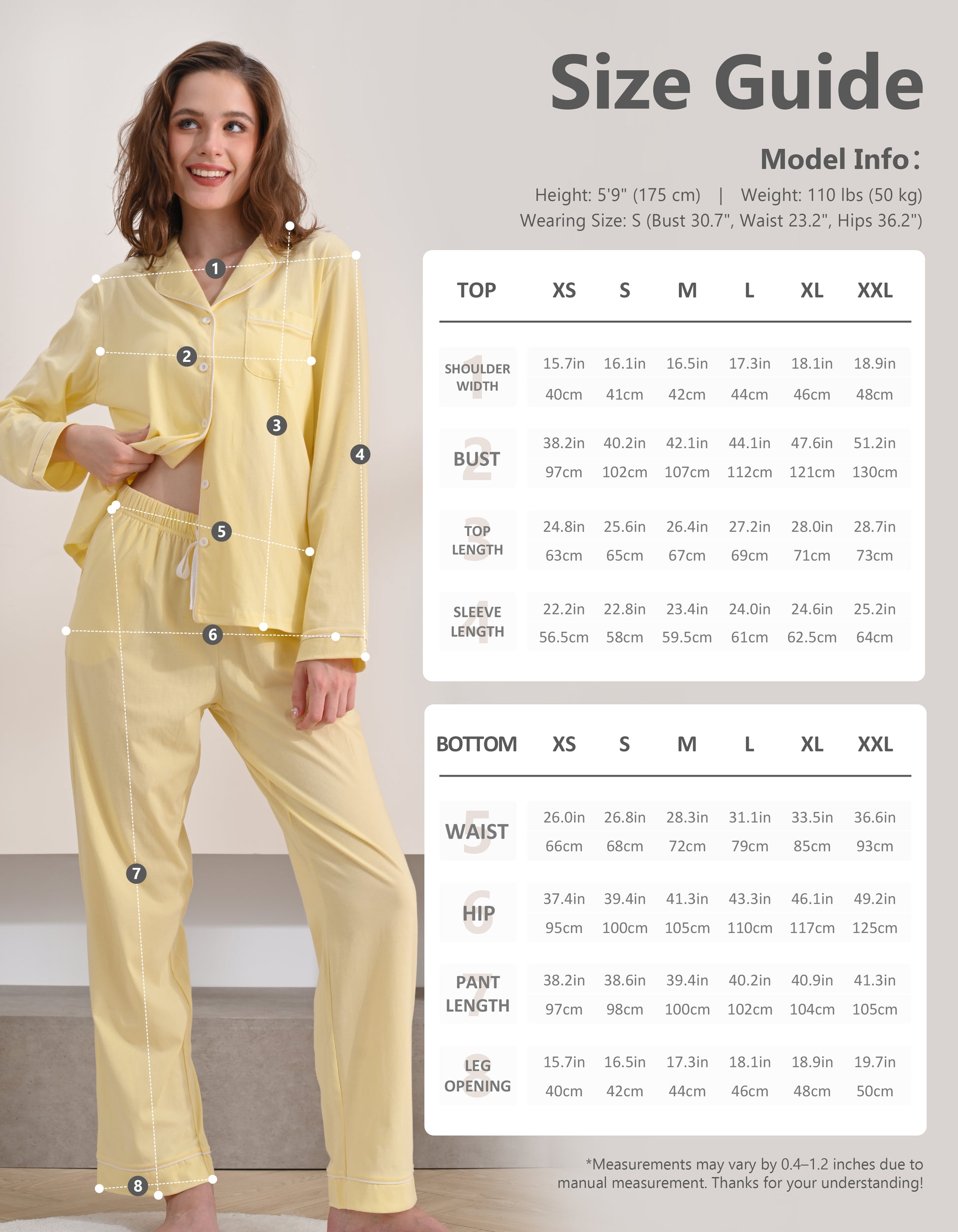Size chart for women’s yellow knit cotton pajama set top and pants