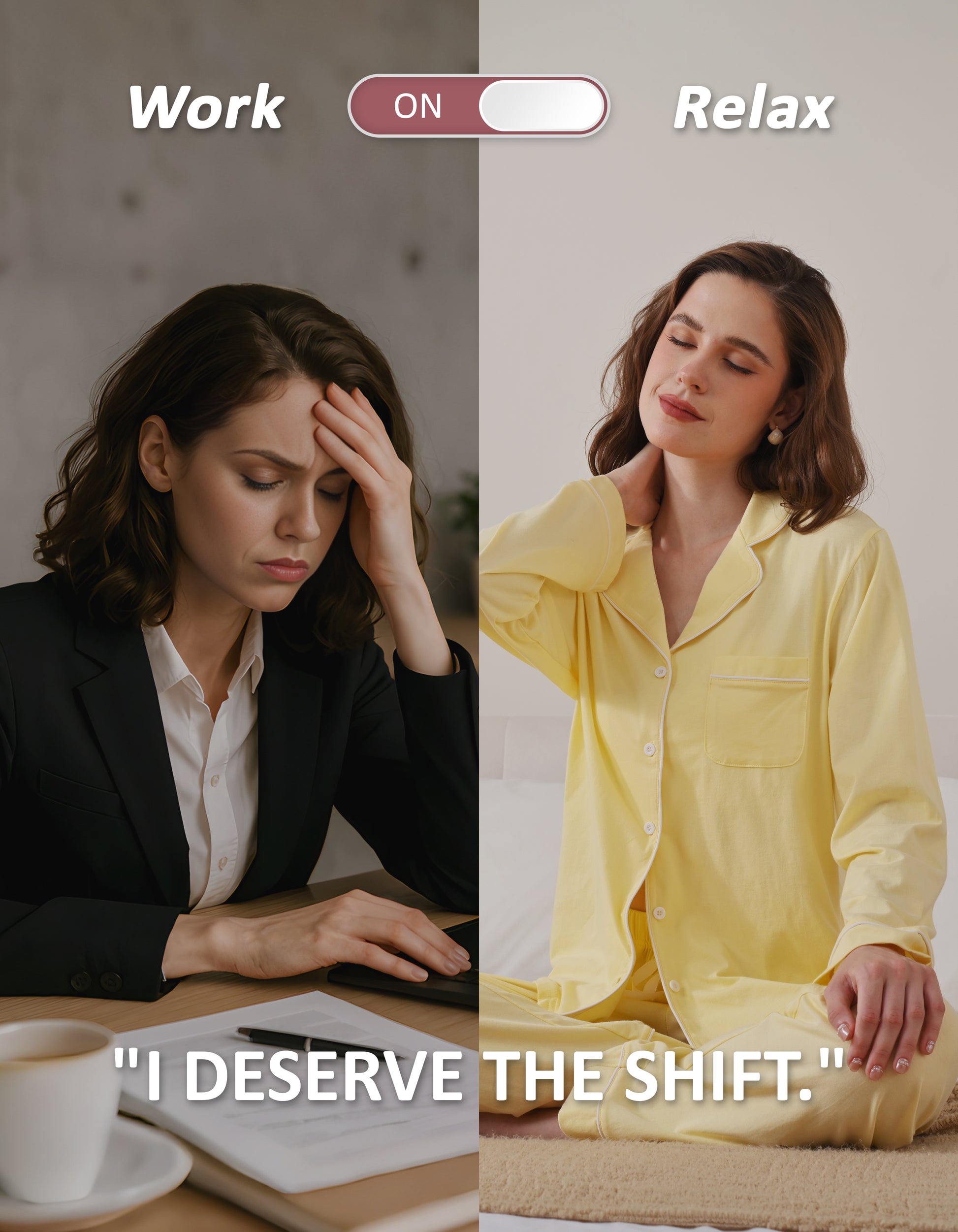 Work to relax lifestyle comparison showing yellow knit cotton pajama set