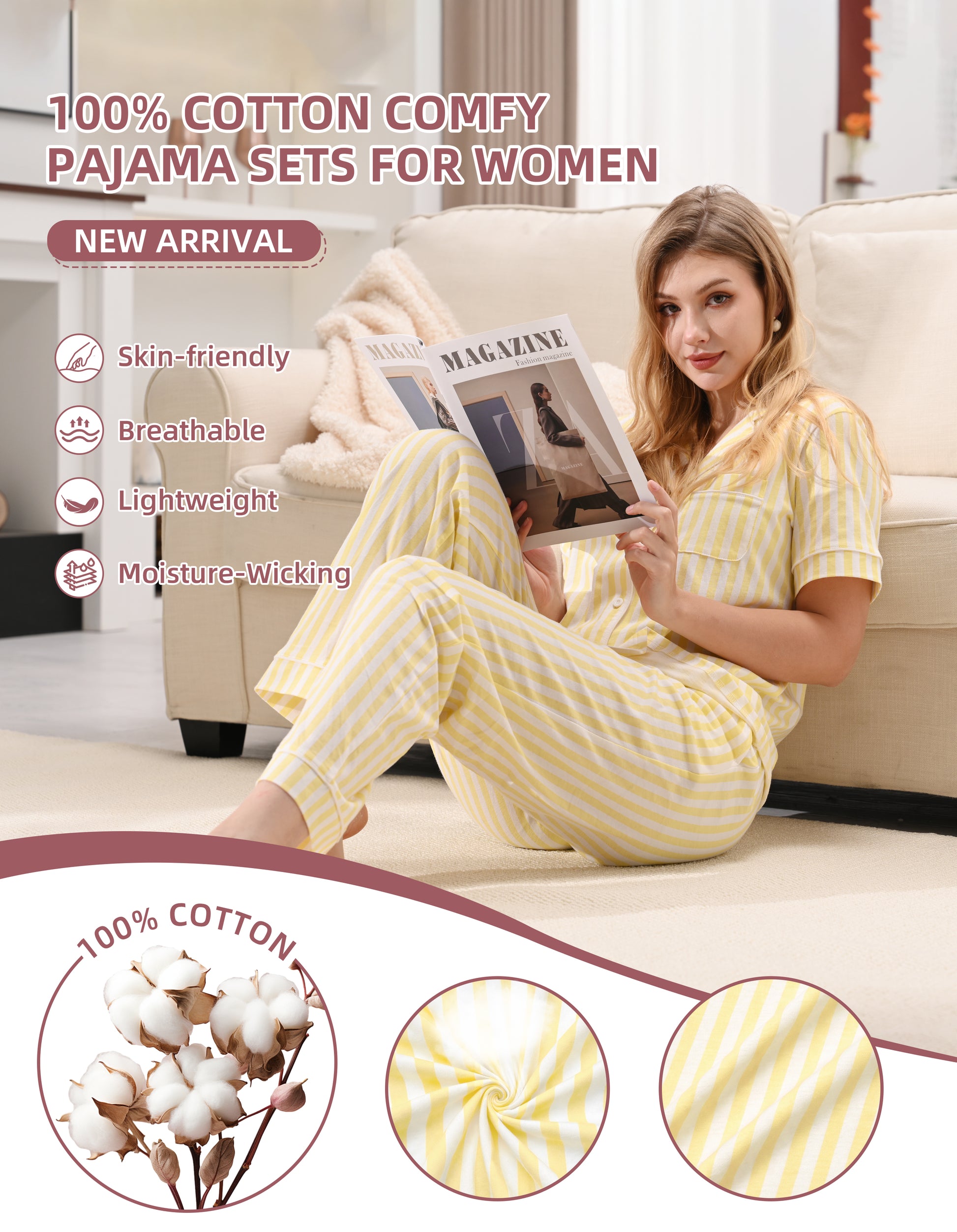 Close up of yellow white vertical stripe 100 percent knit cotton fabric