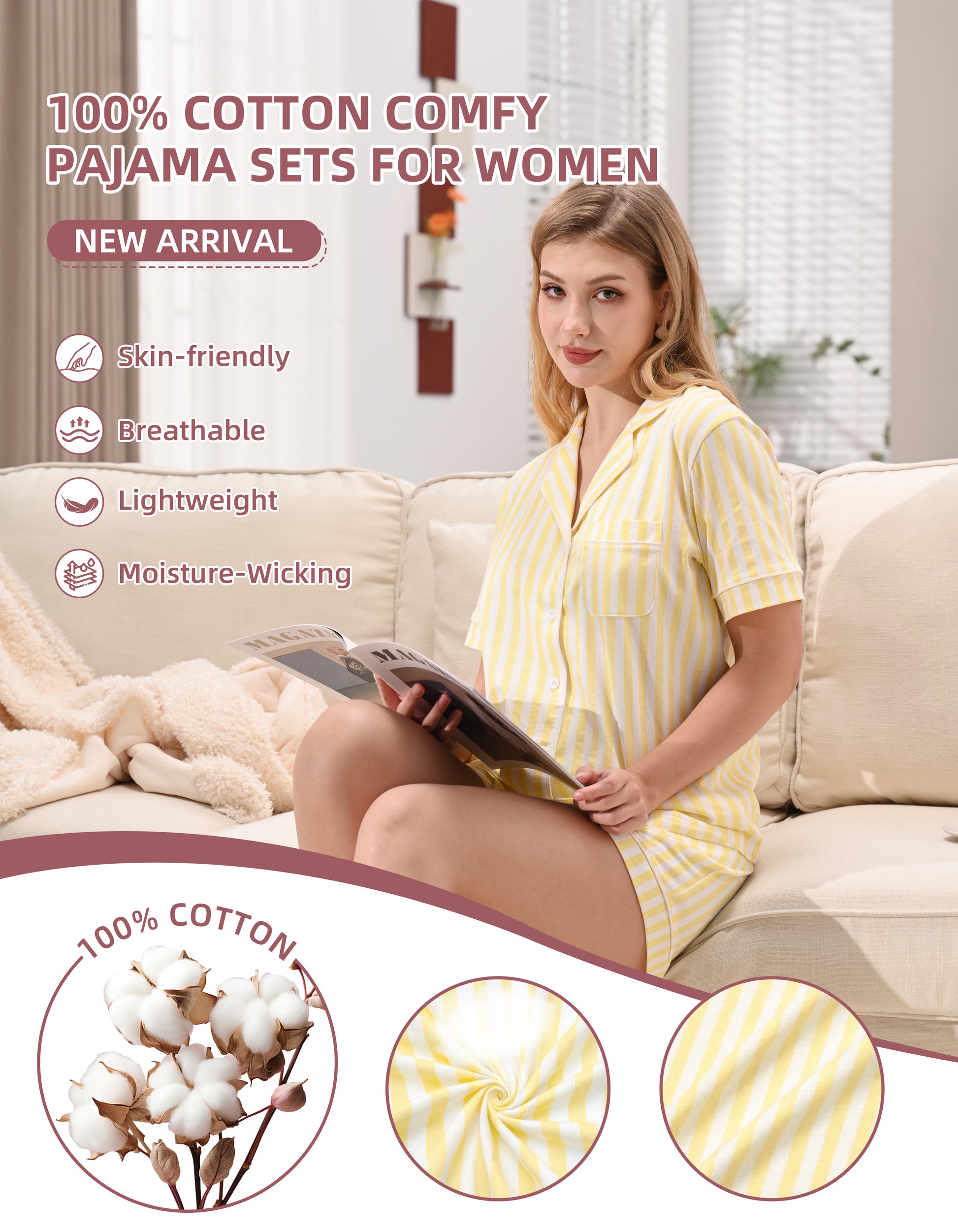 Close-up of yellow stripe knit cotton pajama fabric showing softness and breathability