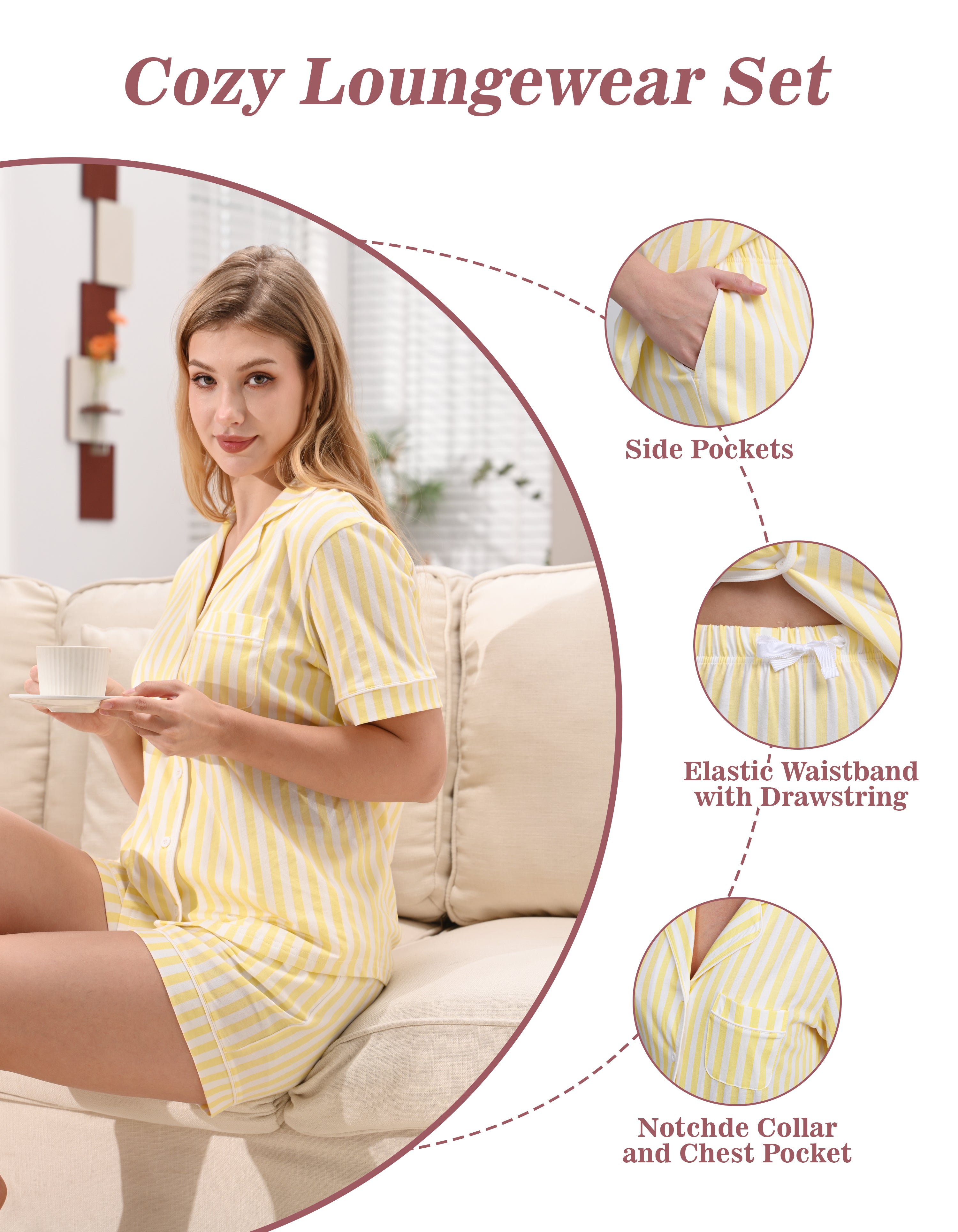 Design details of yellow stripe pajamas including notched collar chest pocket and drawstring waist
