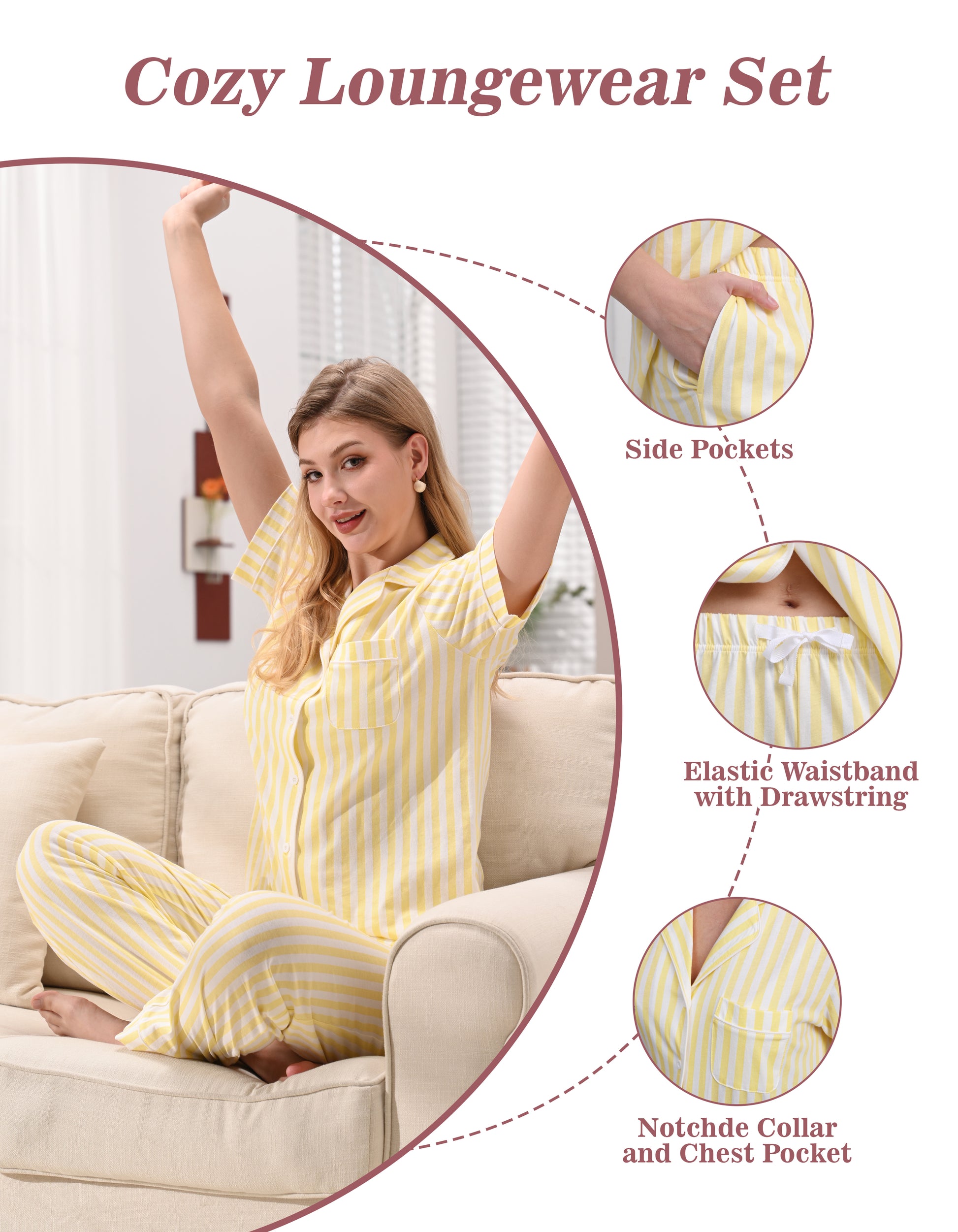 Yellow white stripe pajamas with drawstring waistband and chest pocket