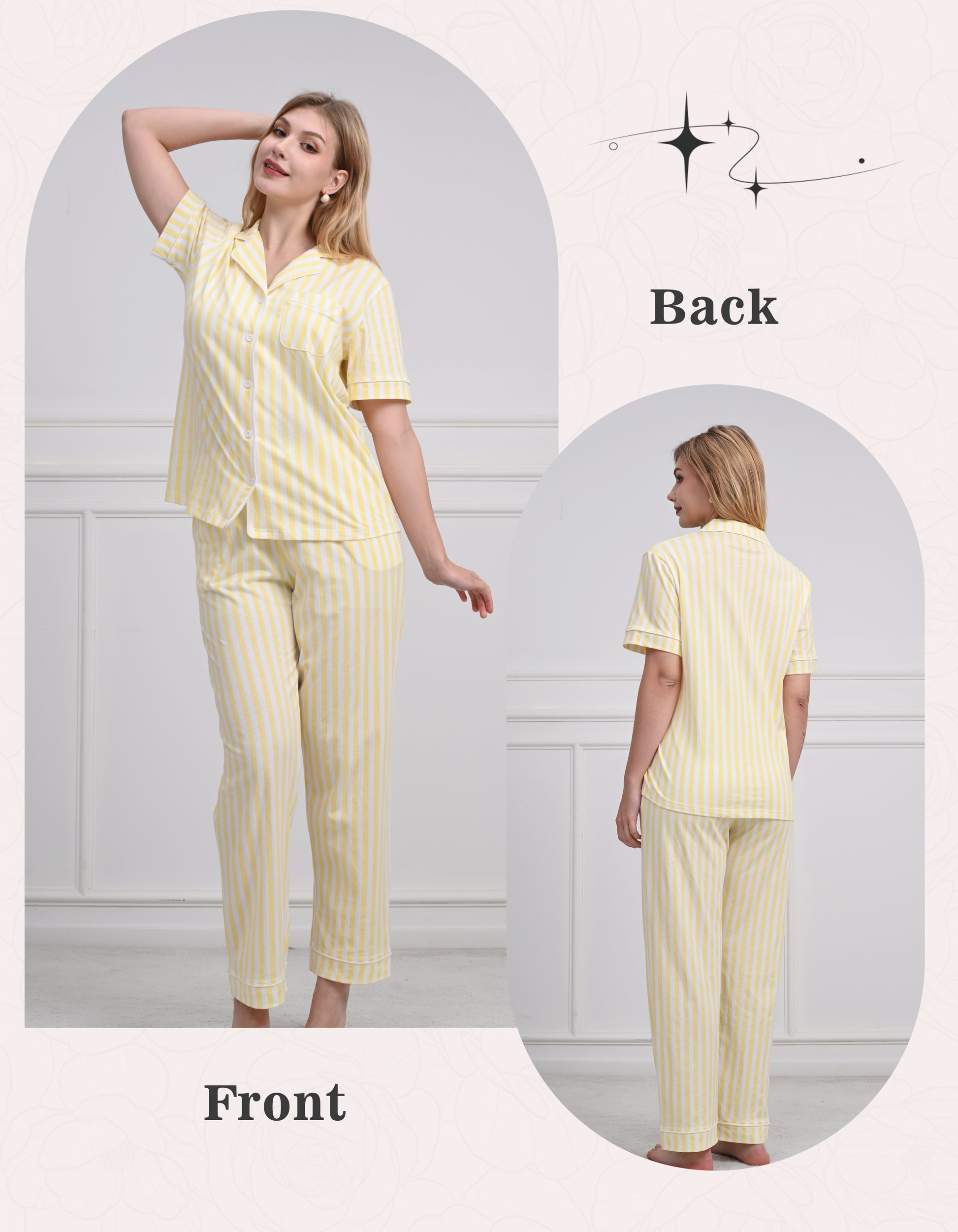Front and back view of women yellow stripe short sleeve pajama set