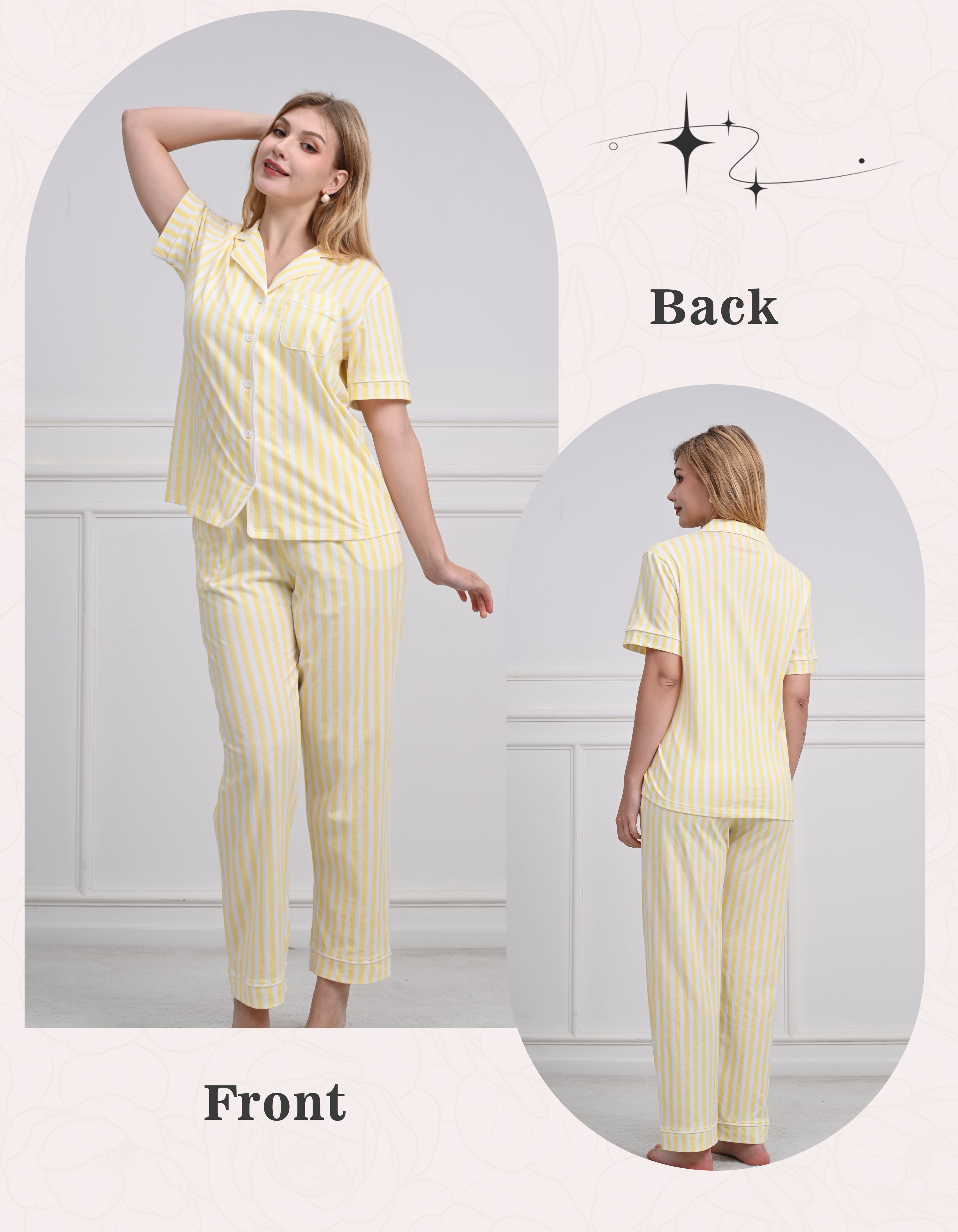 Front and back view of women yellow stripe short sleeve pajama set