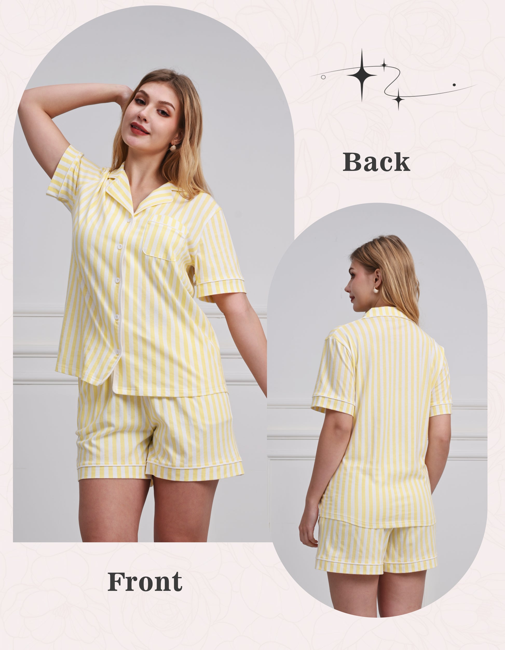 Front and back view of yellow and white stripe women’s pajama set