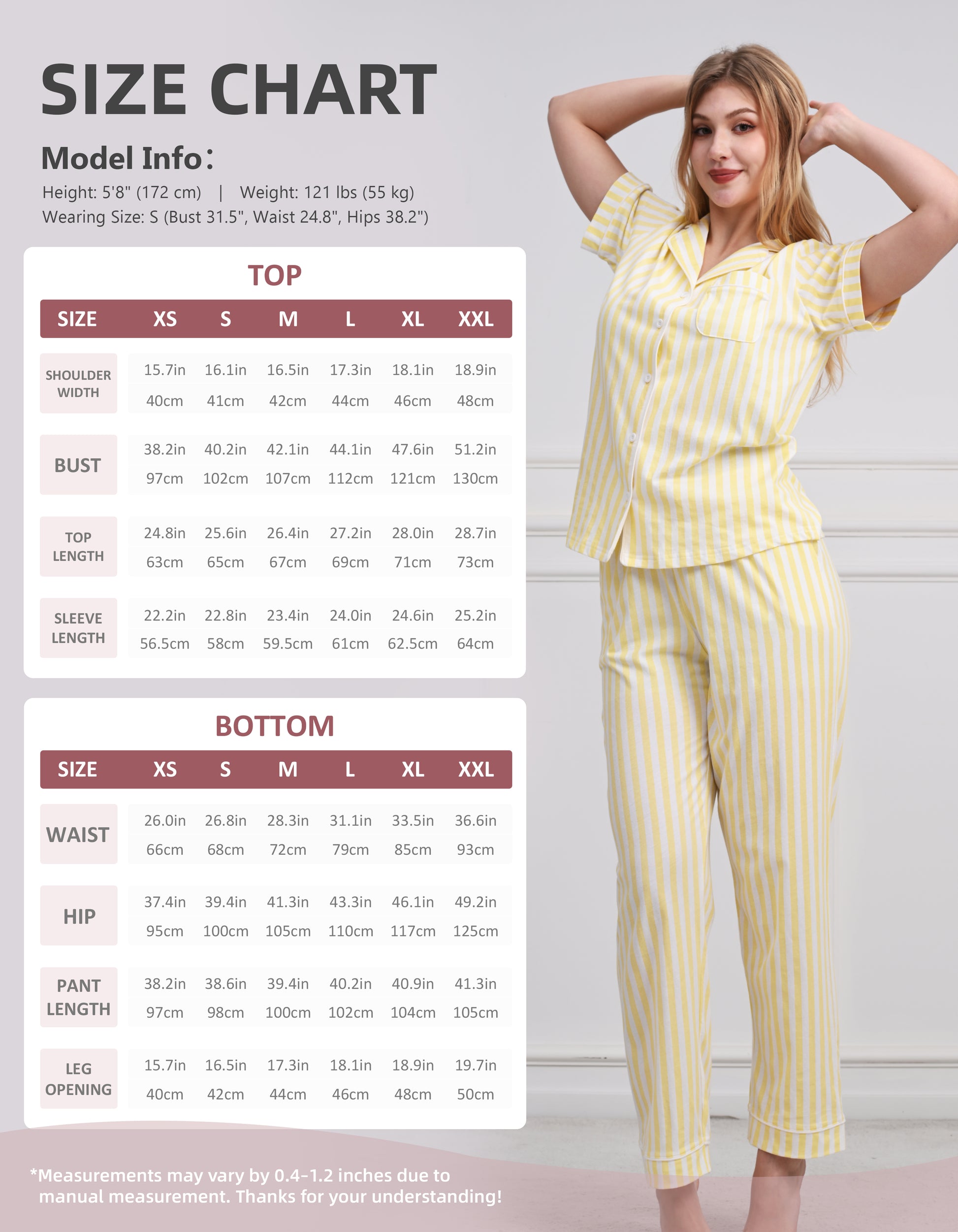 Size chart for women yellow white stripe cotton pajama set