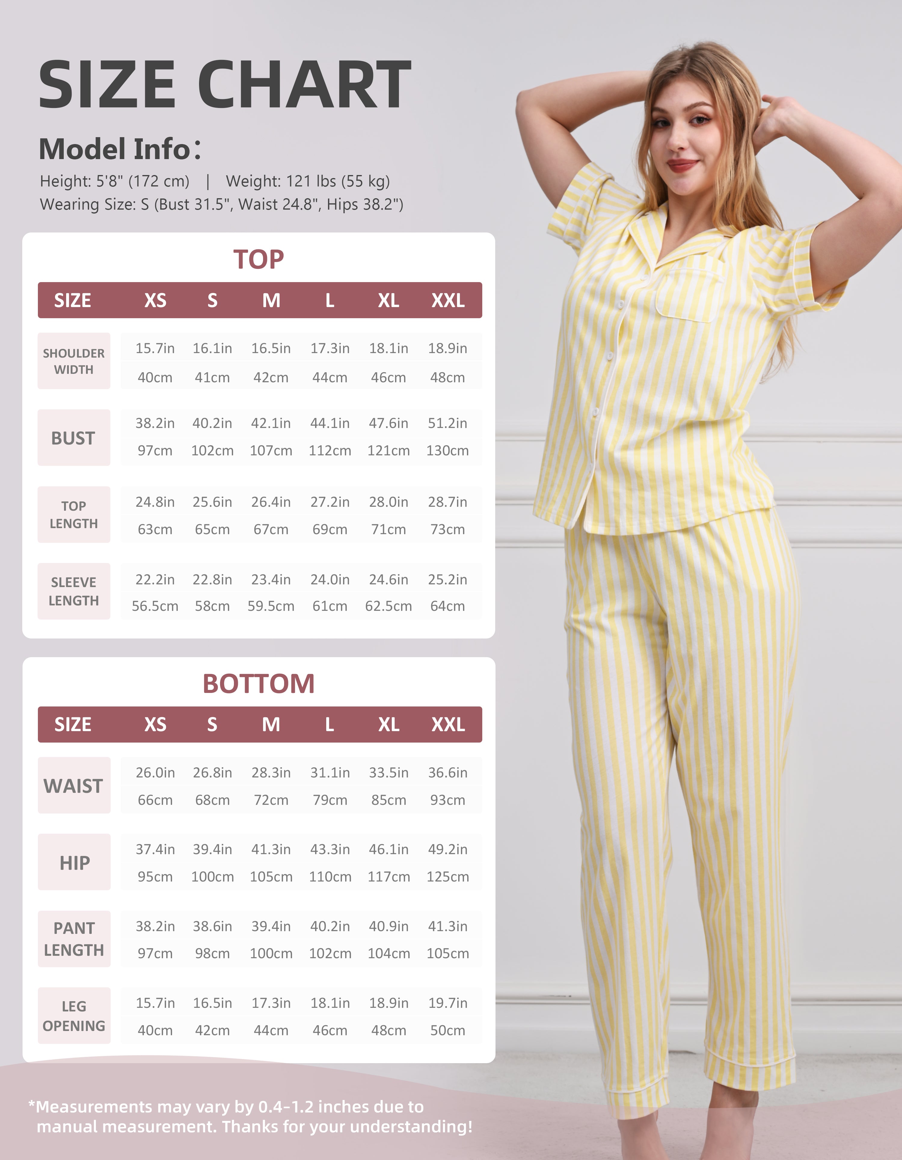 Size chart for women yellow white stripe cotton pajama set