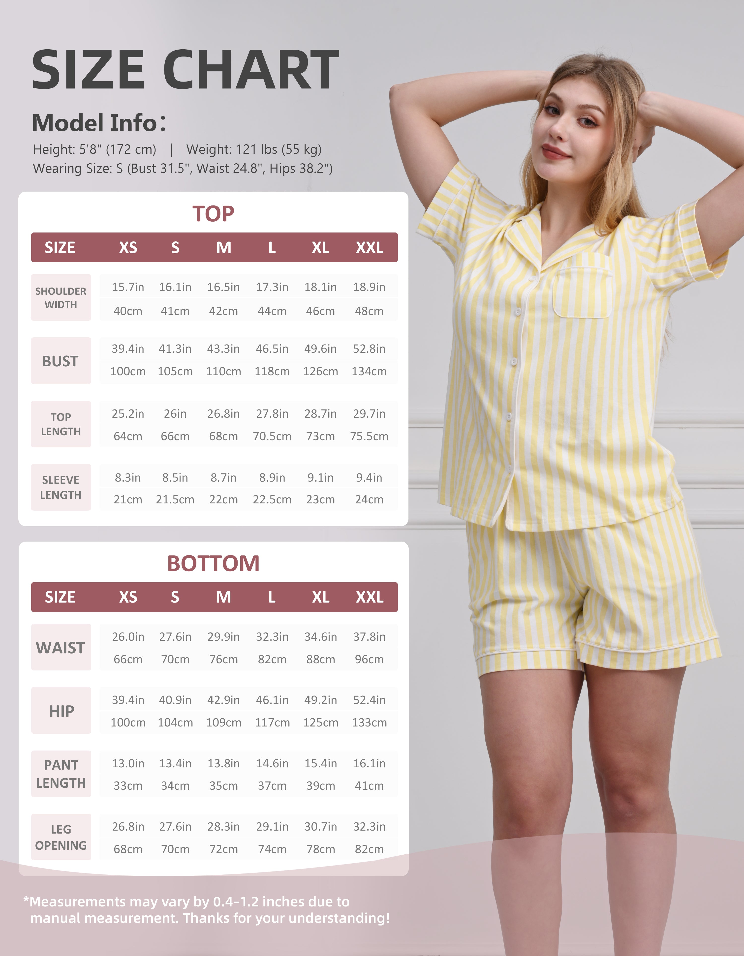 Size chart for women’s yellow stripe knit cotton pajama set