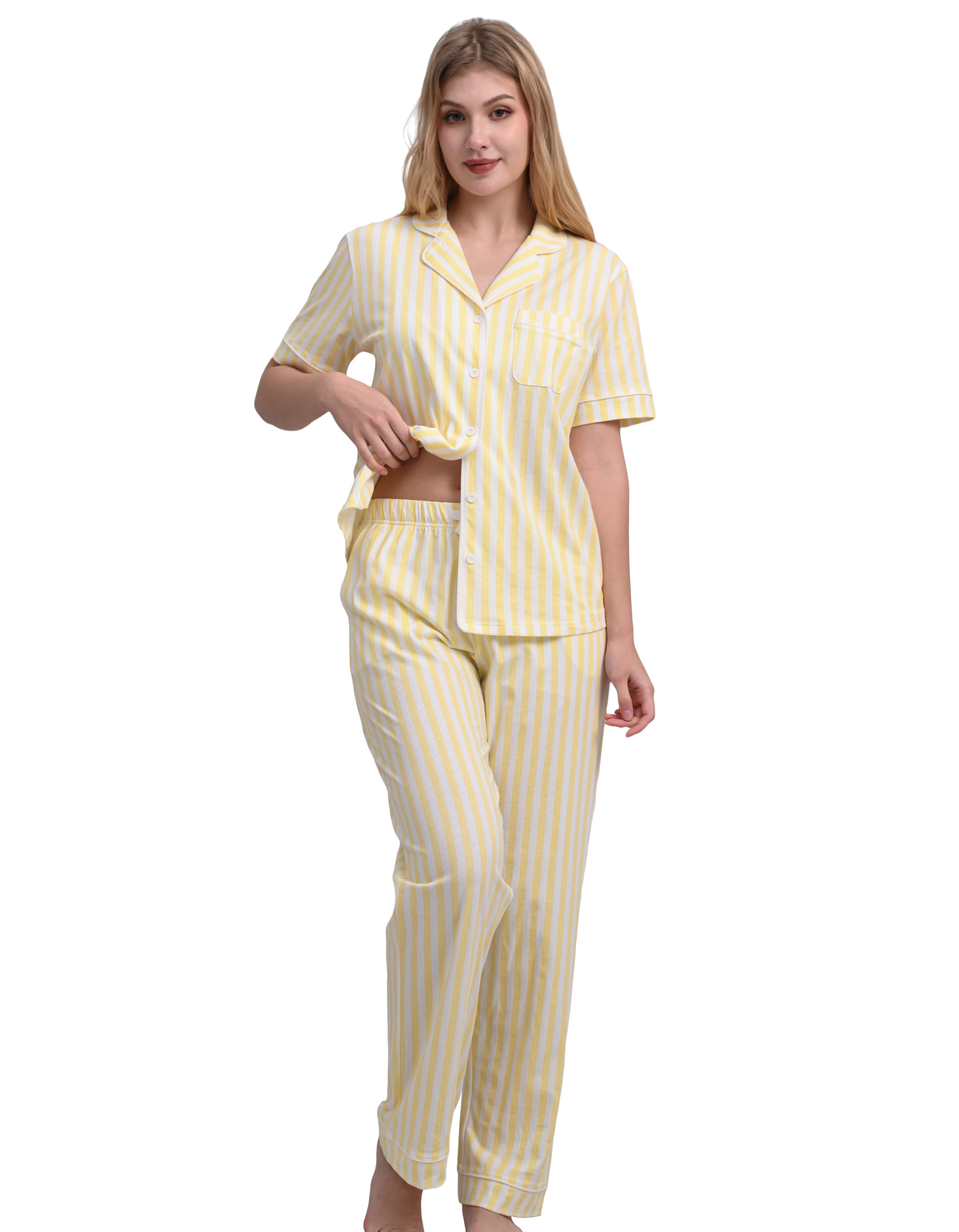 Women’s yellow and white stripe cotton pajama set short sleeve front view