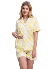 Yellow and white stripe women’s knit cotton pajama set short sleeve and shorts front view