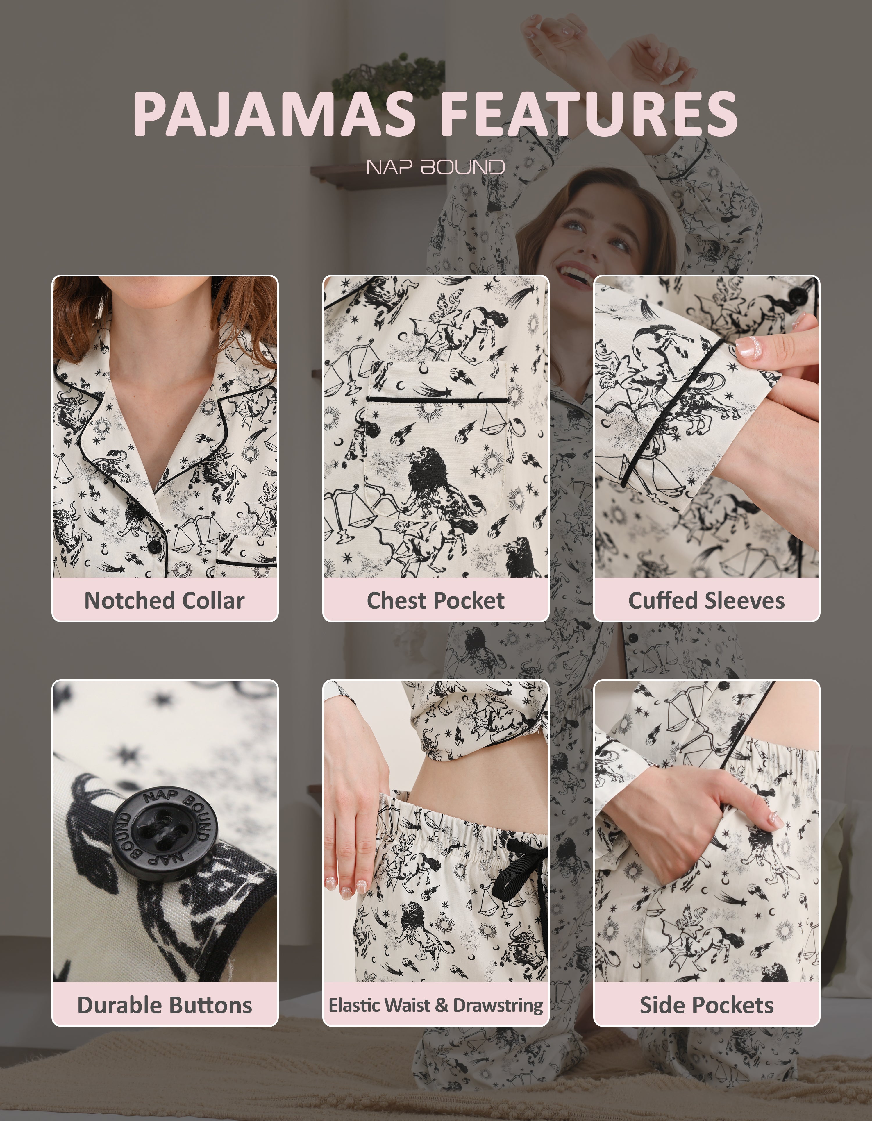 Design details of zodiac print pajamas including notched collar, chest pocket, cuffed sleeves, and drawstring waist