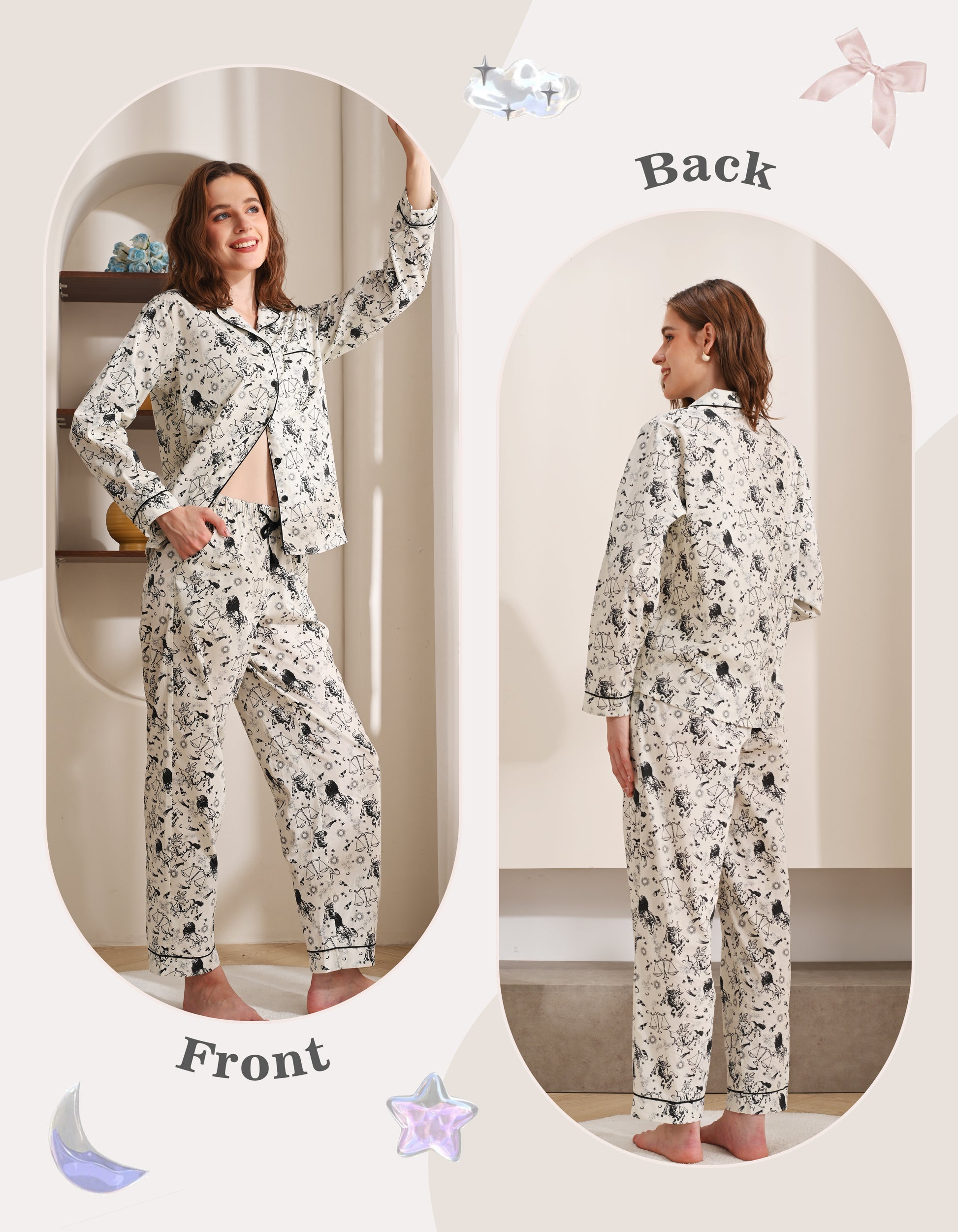 Front and back view comparison of zodiac print women’s woven cotton pajama set