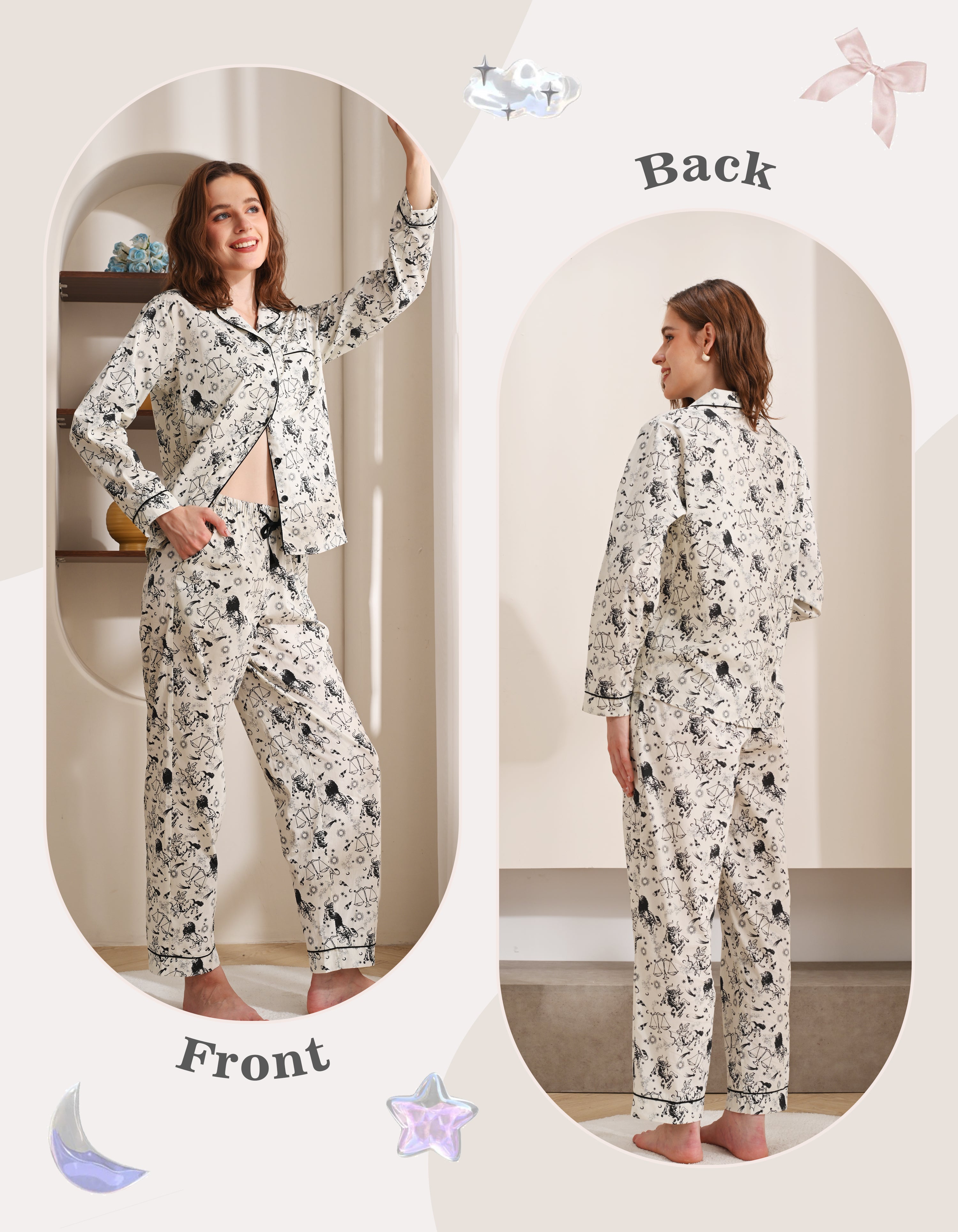Front and back view comparison of zodiac print women’s woven cotton pajama set