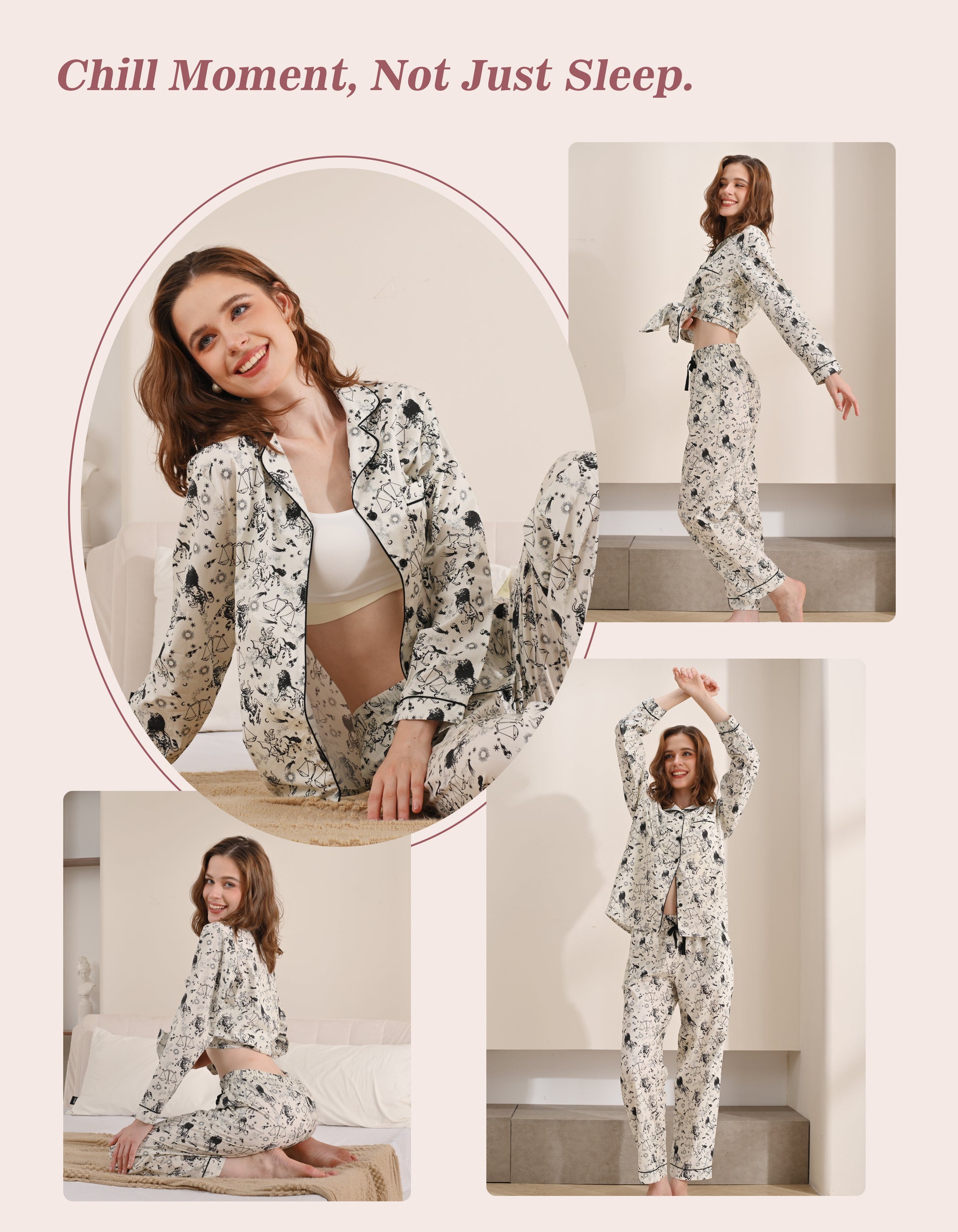 Model wearing zodiac print woven cotton pajamas in cozy home and relaxing scenes
