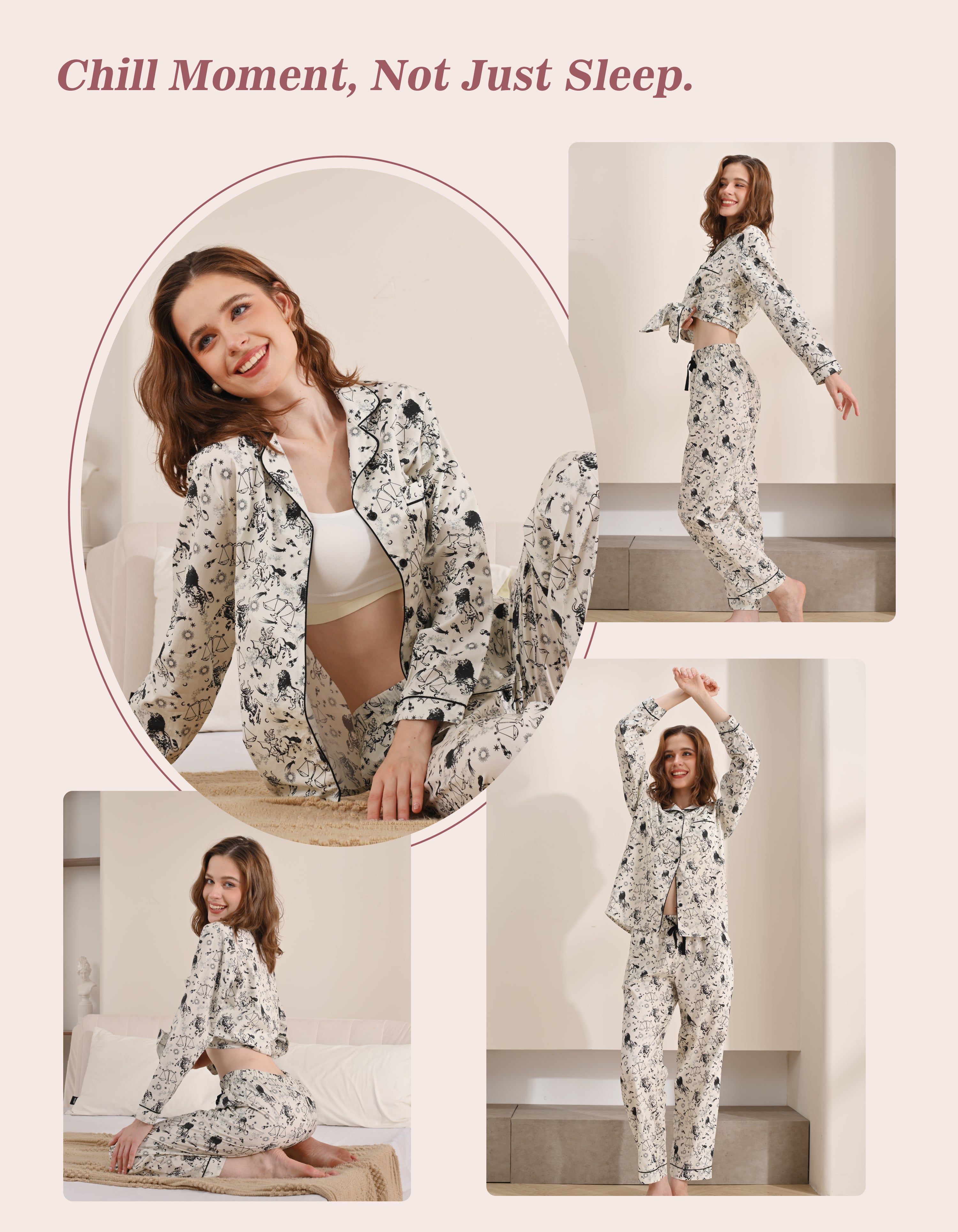 Model wearing zodiac print woven cotton pajamas in cozy home and relaxing scenes