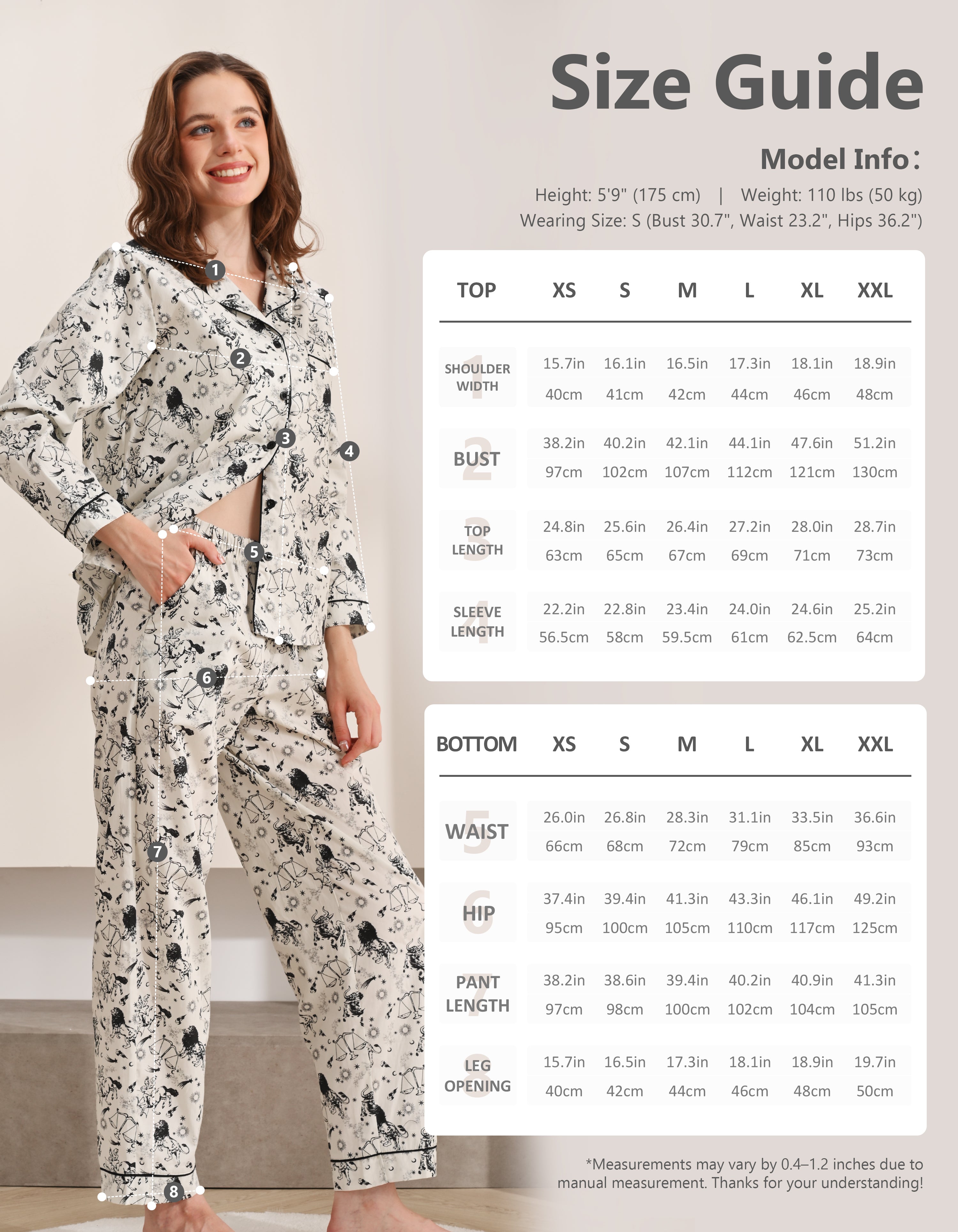 Size chart for women’s zodiac print woven cotton pajama set top and pants