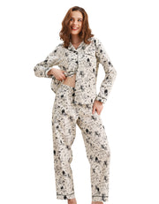 Zodiac print women’s woven cotton pajama set front view on white background