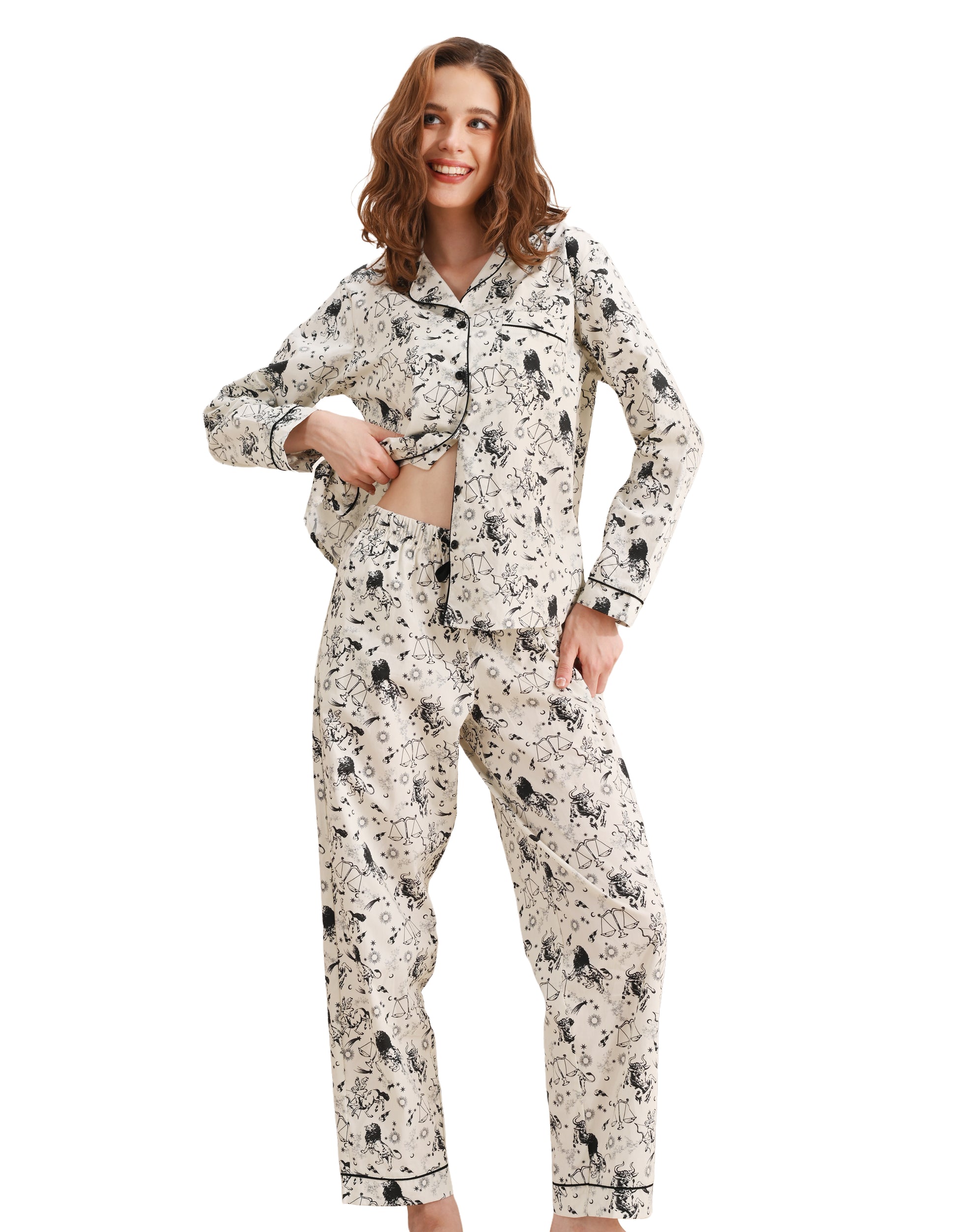 Zodiac print women’s woven cotton pajama set front view on white background
