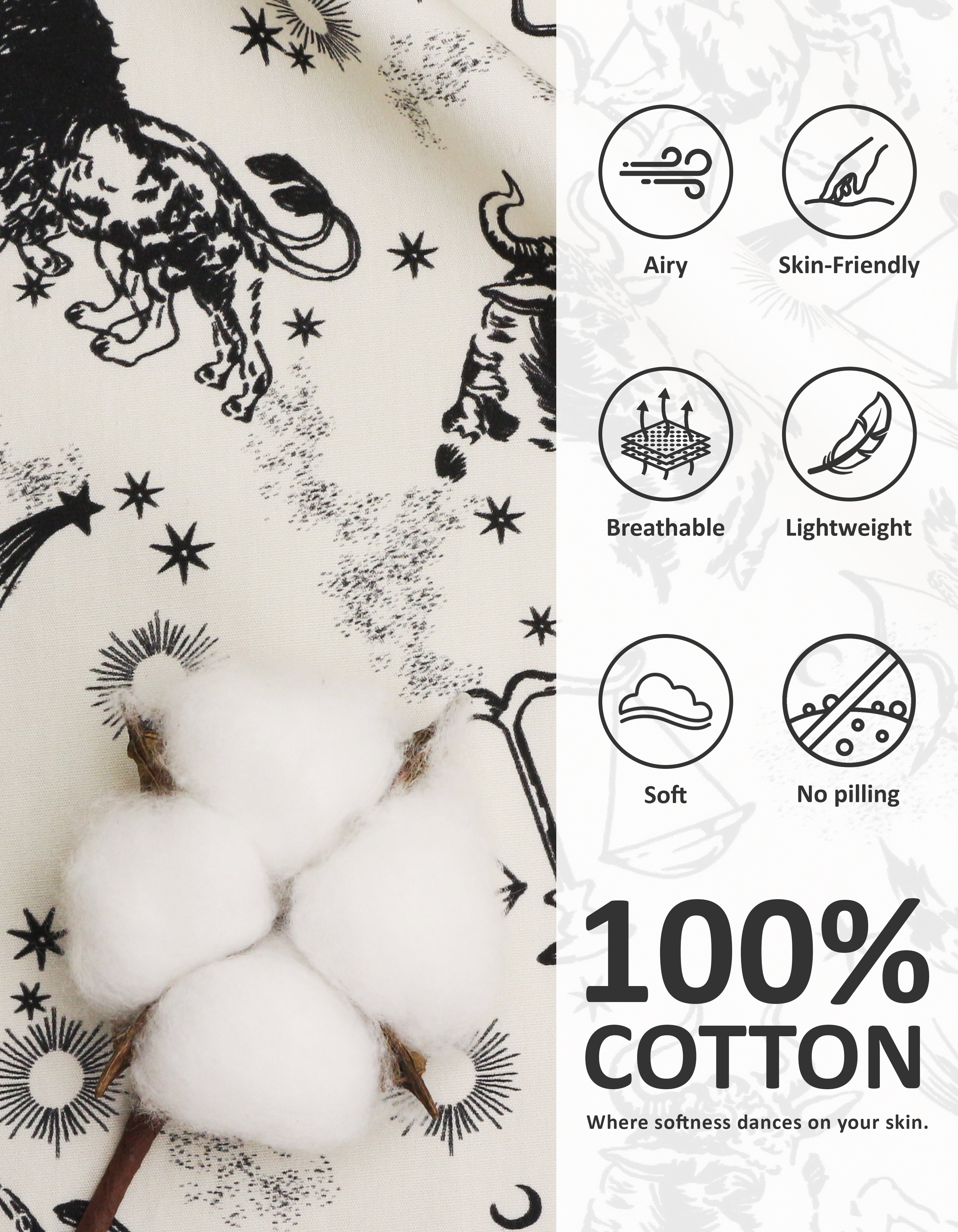 Close-up of zodiac print woven cotton pajama fabric showing breathability and softness
